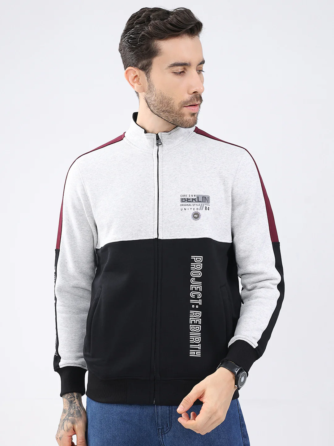 Men Black Printed Mock Neck Full Sleeve Sweatshirt