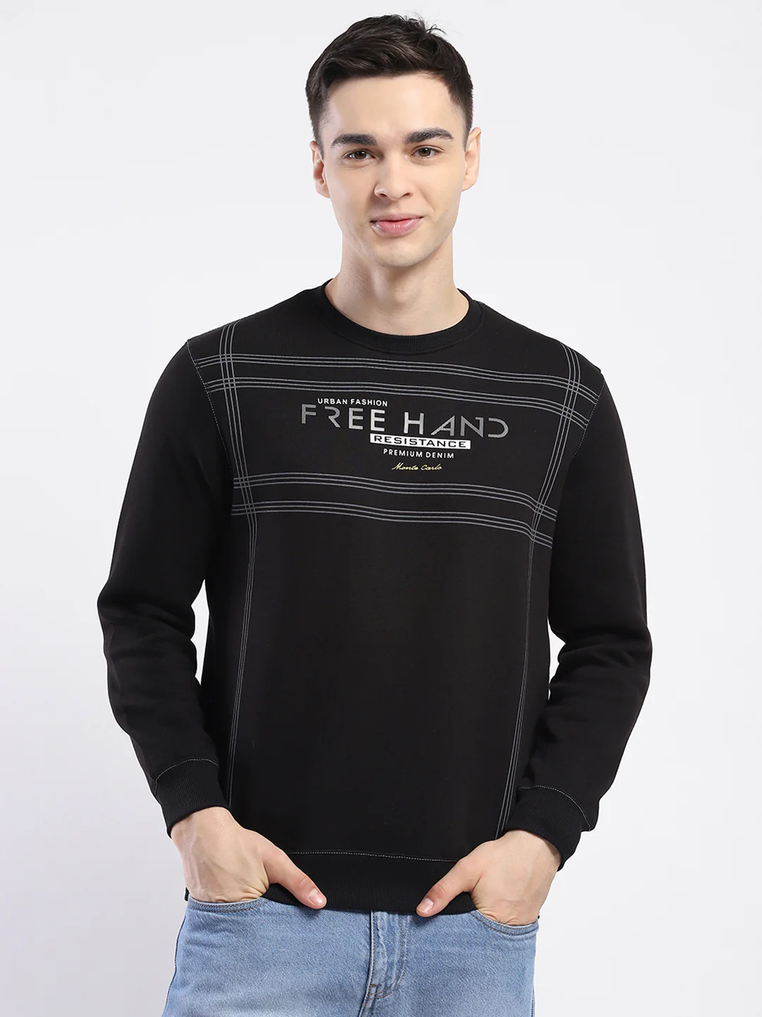 Men Black Printed Round Neck Full Sleeve Sweatshirt