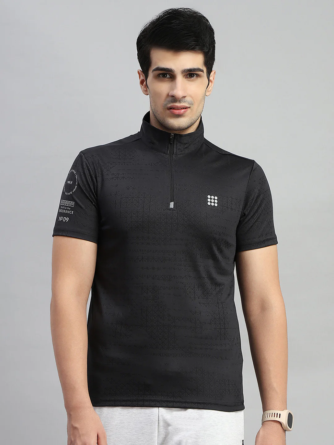 Rock.it Men Black Self Design Collar Half Sleeve T-Shirt