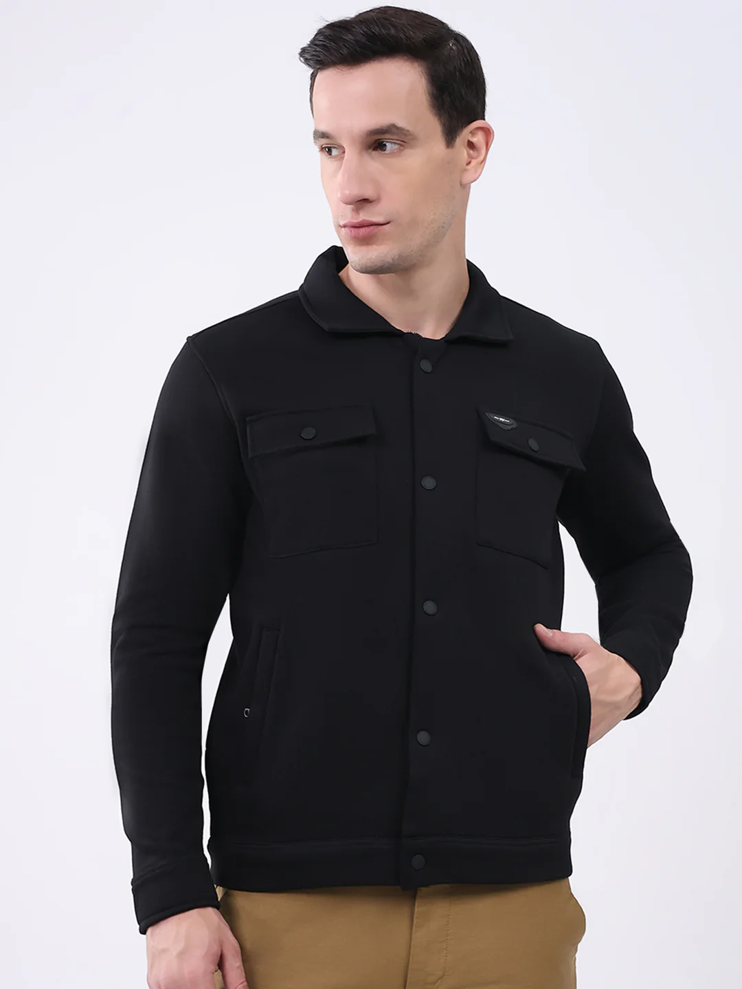 Men Black Solid Collar Full Sleeve Sweatshirt