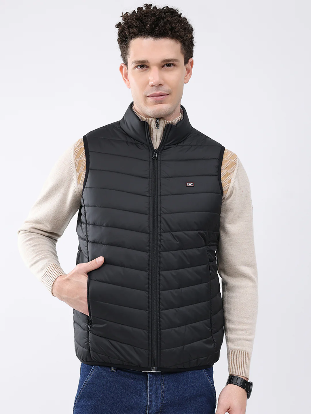 Men Black Solid Collar Sleeveless Jacket