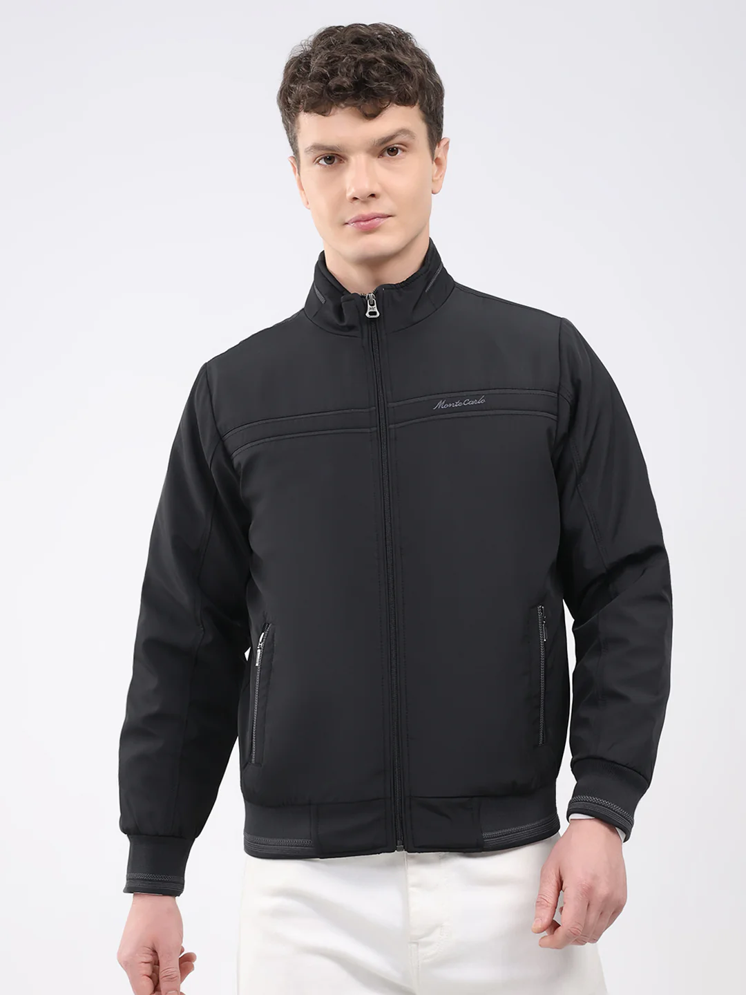Men Black Solid Mock Neck Full Sleeve Jacket