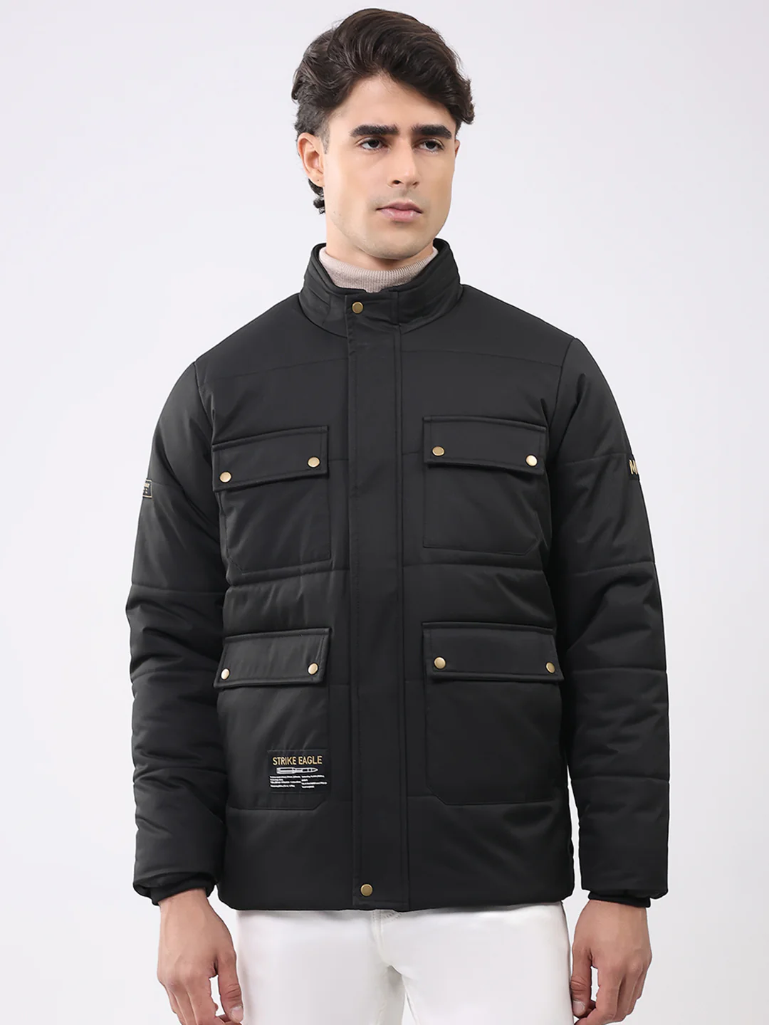 Men Black Solid Mock Neck Full Sleeve Jacket