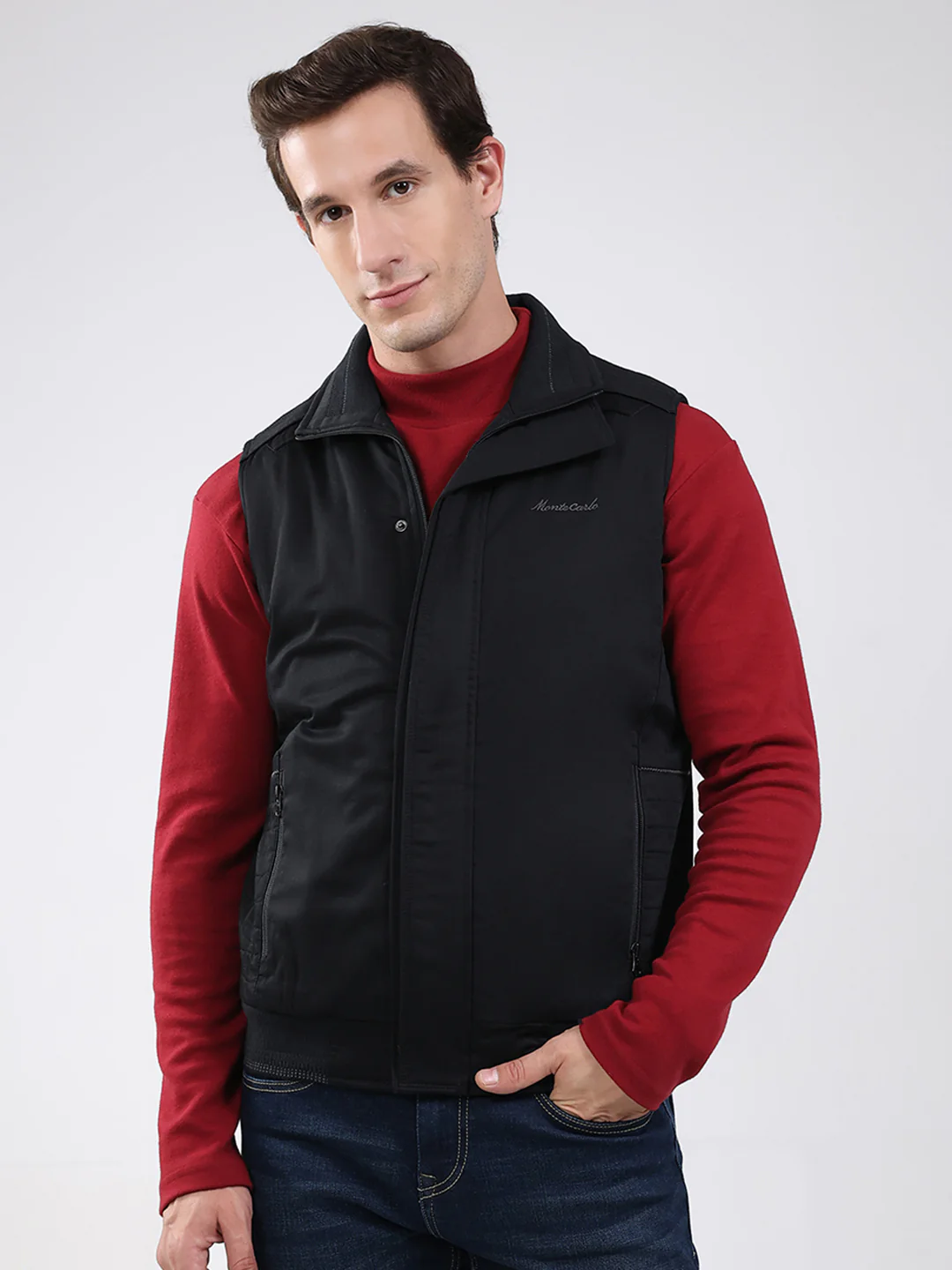 Men Black Solid Mock Neck Sleeveless Jacket