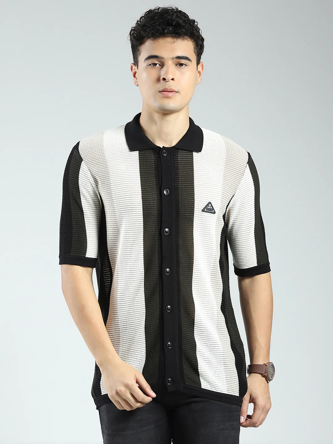 Rock.it Men Black Stripe Collar Half Sleeve Shirt