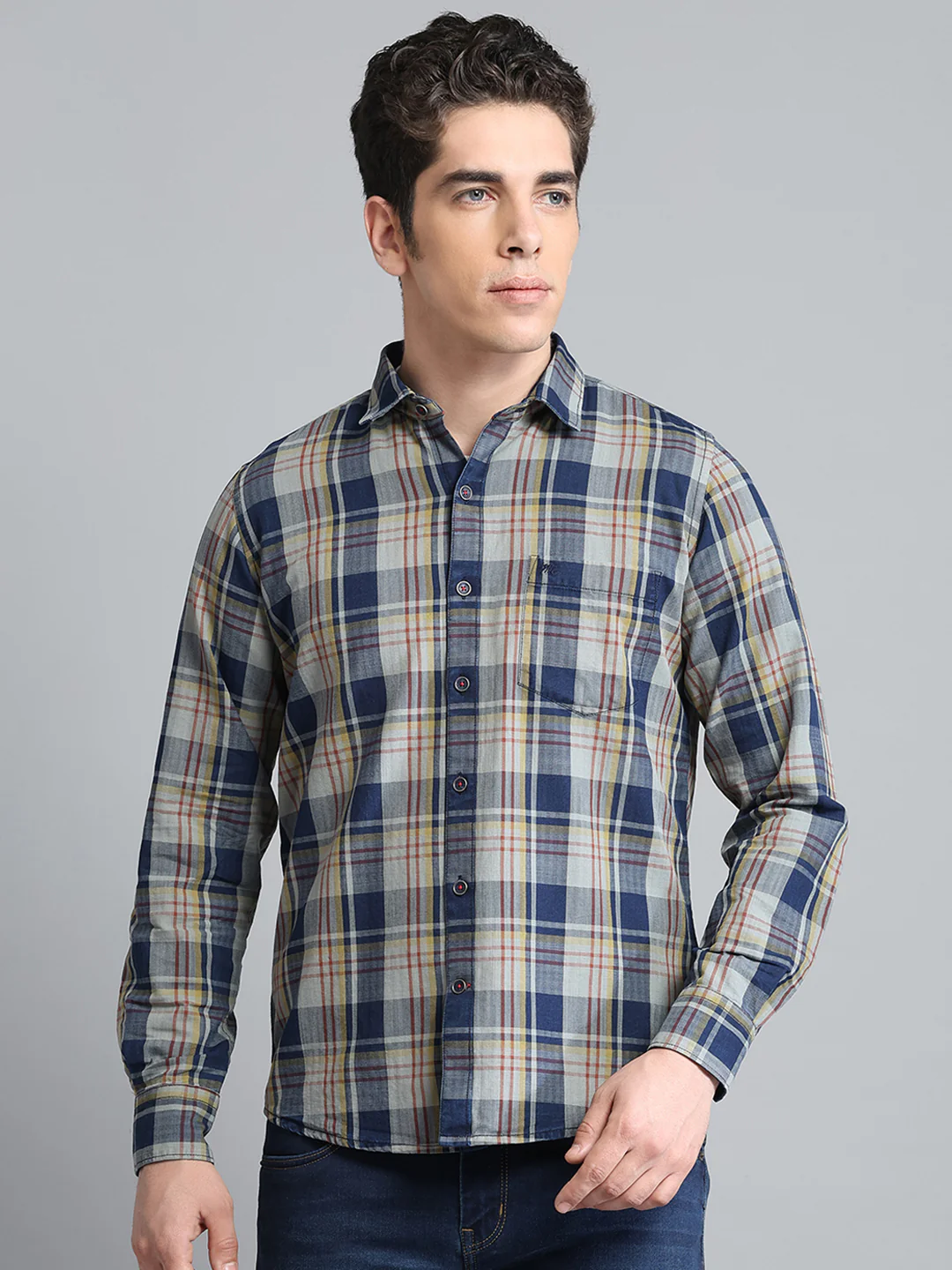 Men Blue Check Collar Full Sleeve Shirt