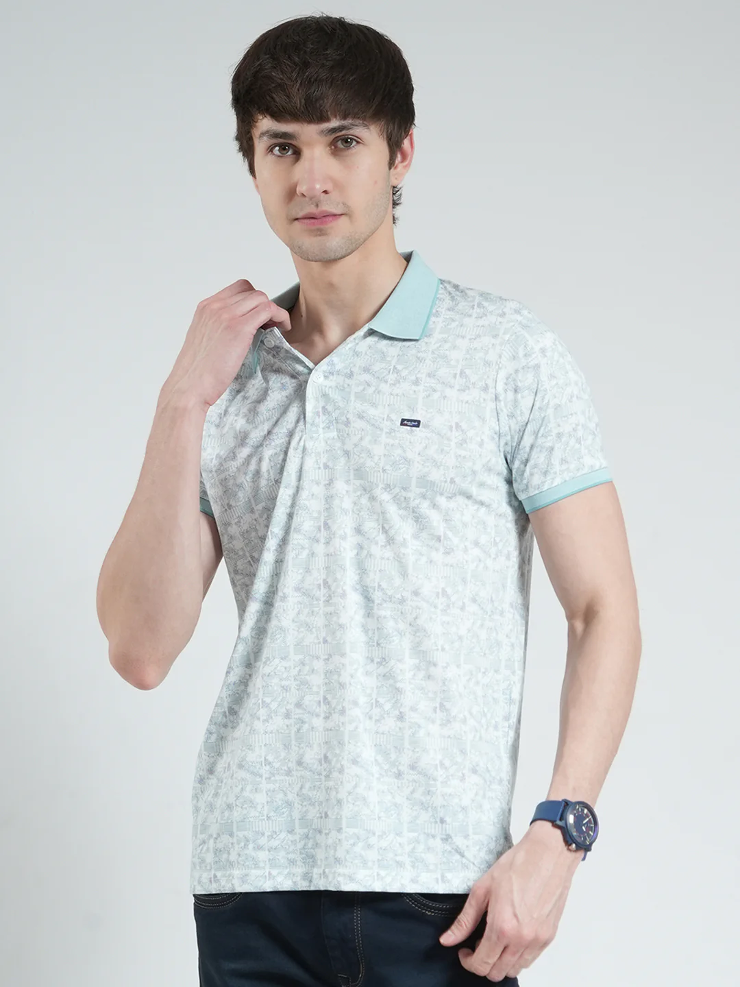 Men Blue Printed Collar Half Sleeve T-Shirt