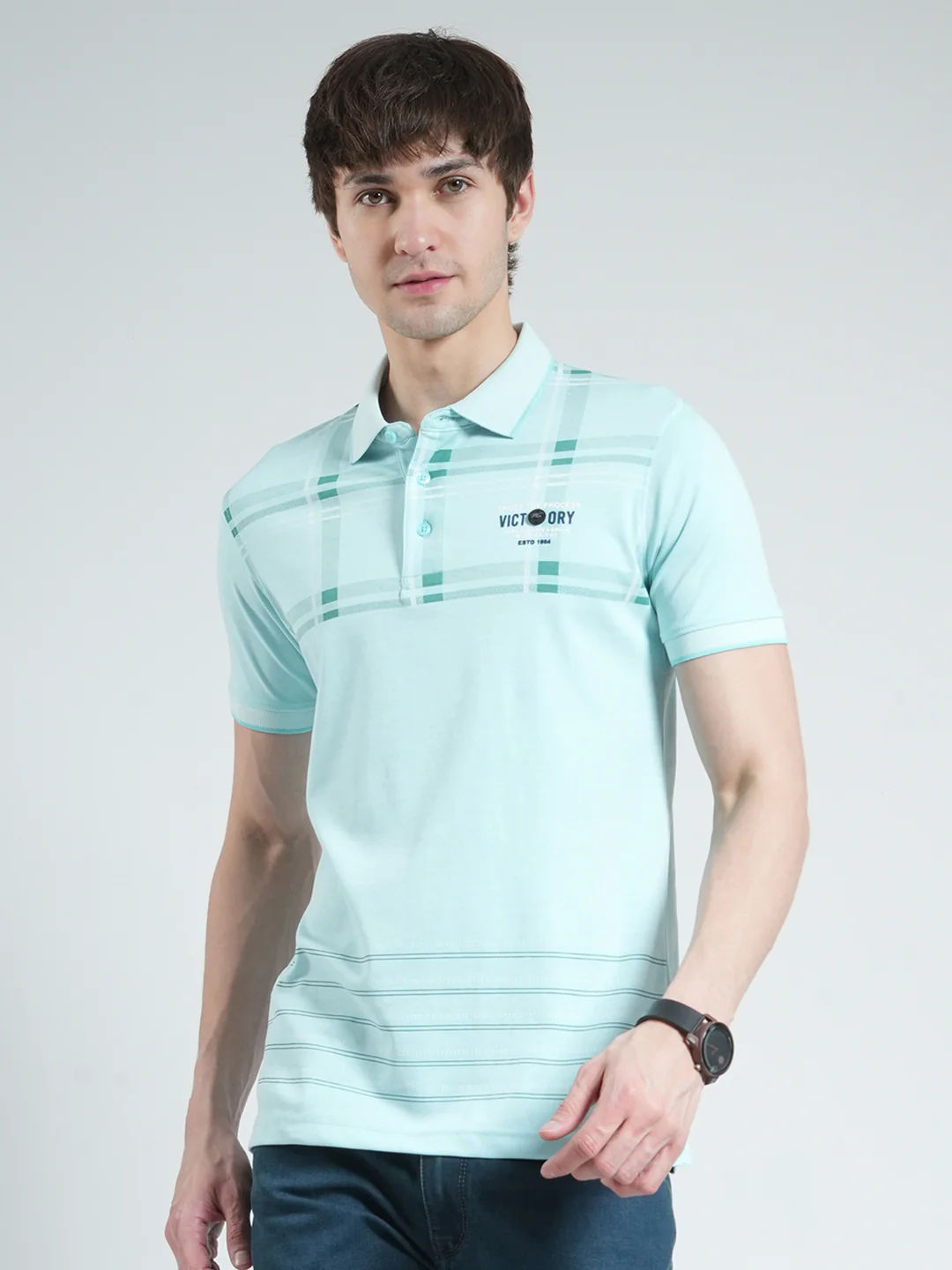 Men Blue Printed Collar Half Sleeve T-Shirt