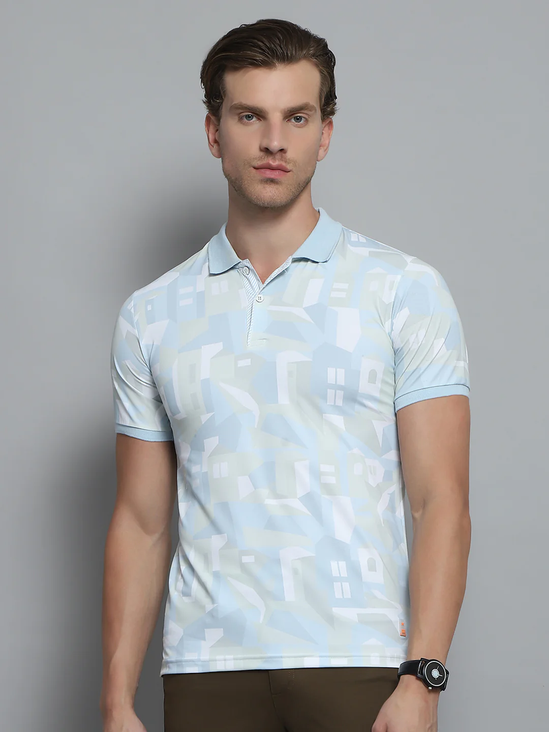 Men Blue Printed Collar Half Sleeve T-Shirt