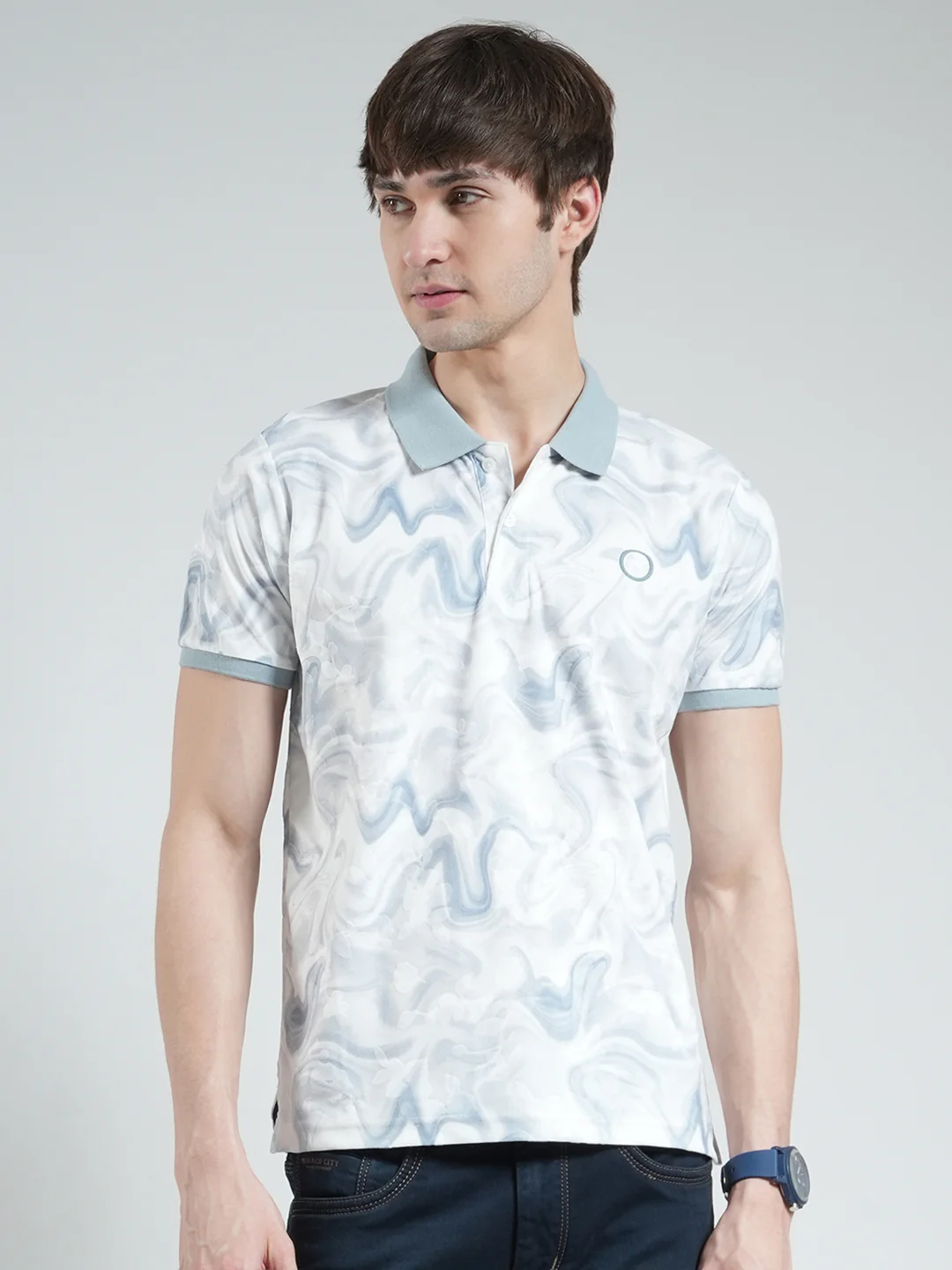 Men Blue Printed Collar Half Sleeve T-Shirt