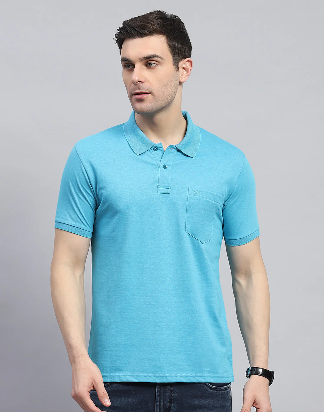 Men Blue Solid Collar Half Sleeve T-Shirt