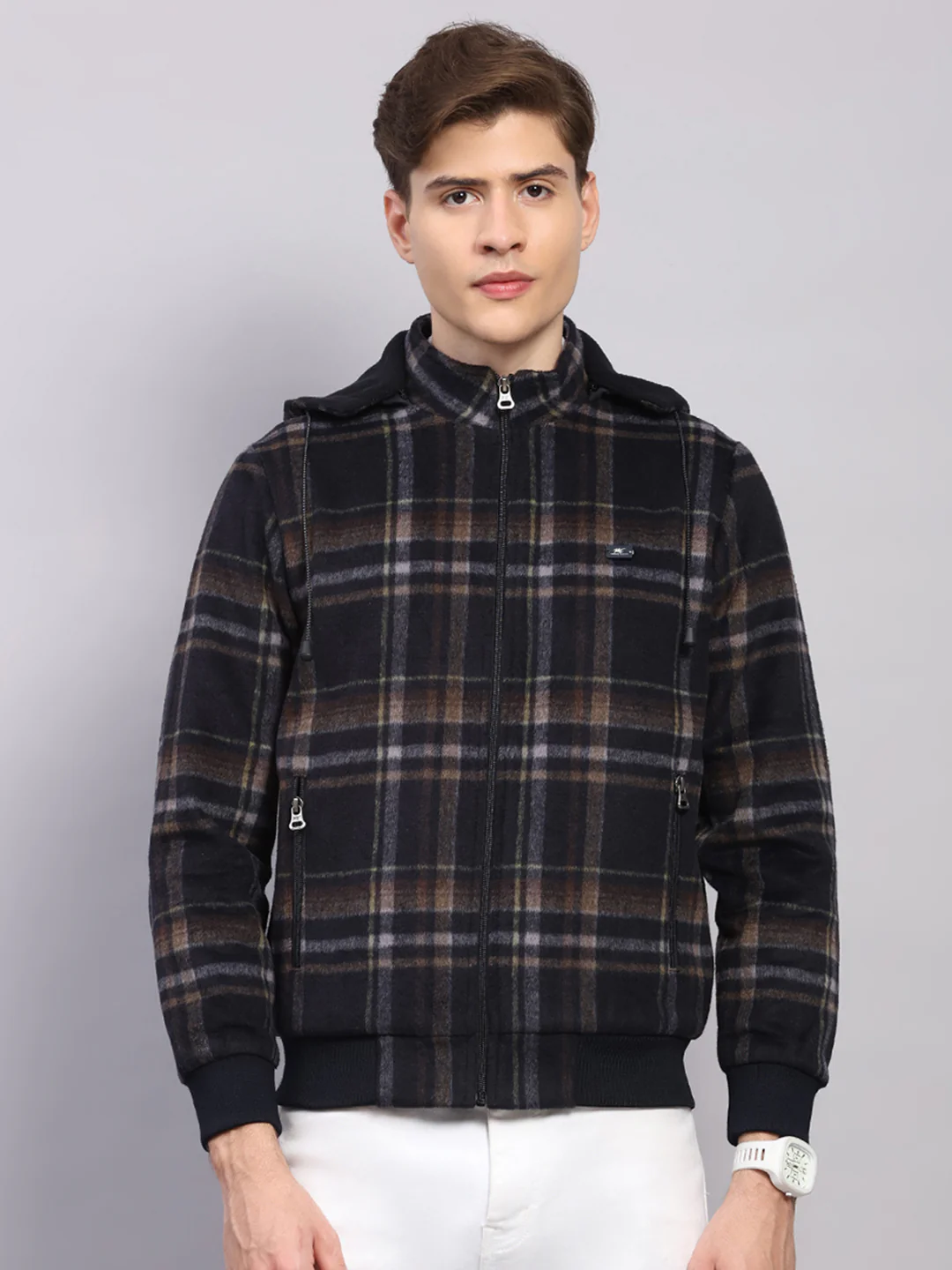 Men Blue Solid Hooded Full Sleeve Jacket