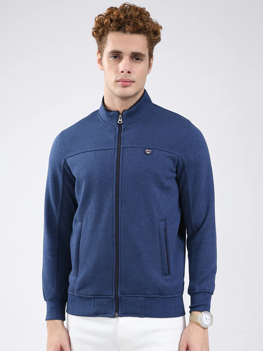 Men Blue Solid Mock Neck Full Sleeve Sweatshirt