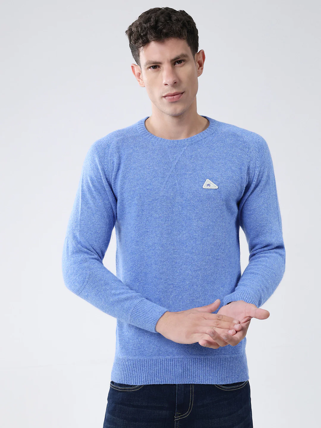 Men Blue Solid Round Neck Full Sleeve Pullover