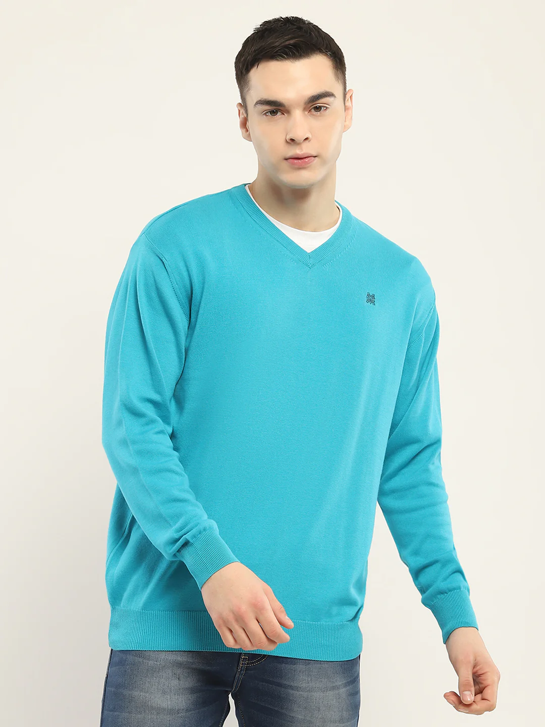 Men Blue Solid V Neck Full Sleeve Pullover