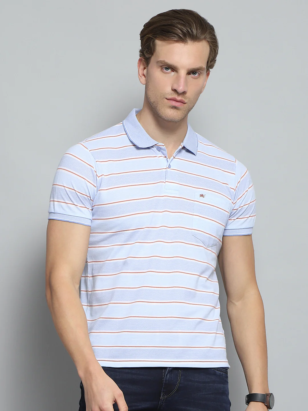 Men Blue Stripe Collar Half Sleeve T-Shirt