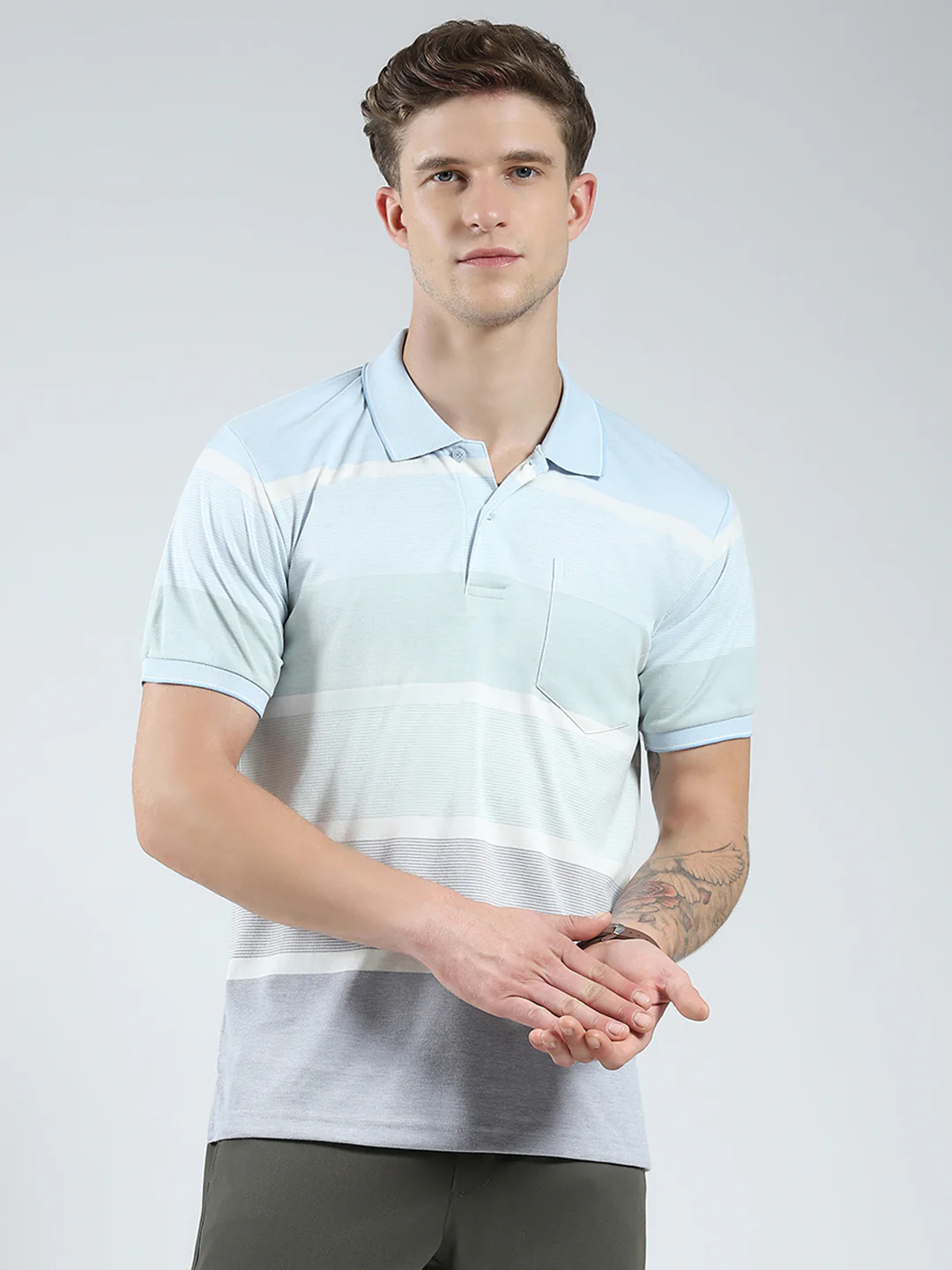 Men Blue Stripe Collar Half Sleeve T-Shirt