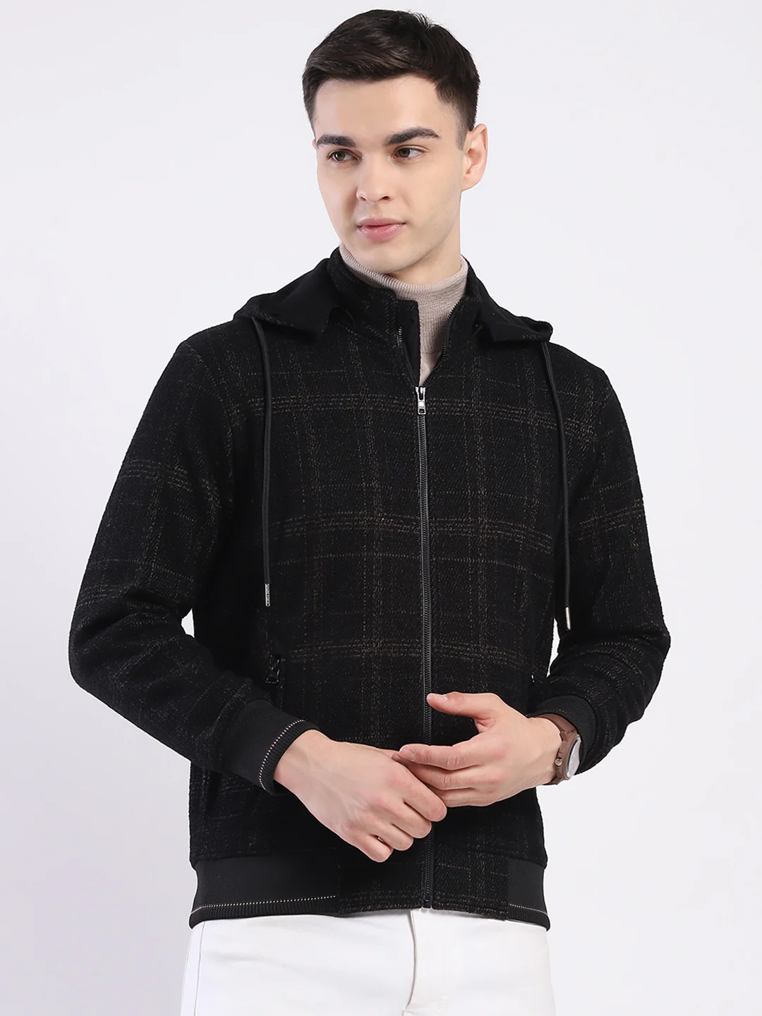 Men Brown Printed Hooded Full Sleeve Sweatshirt