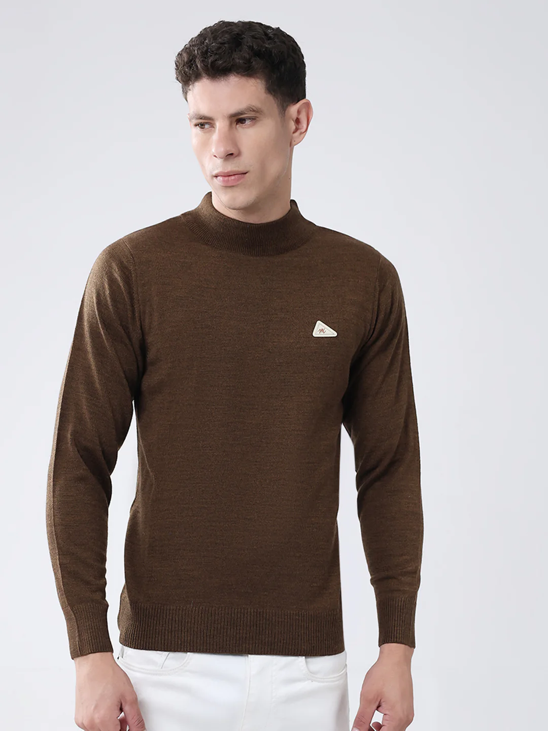 Men Brown Solid High Neck Full Sleeve Pullover