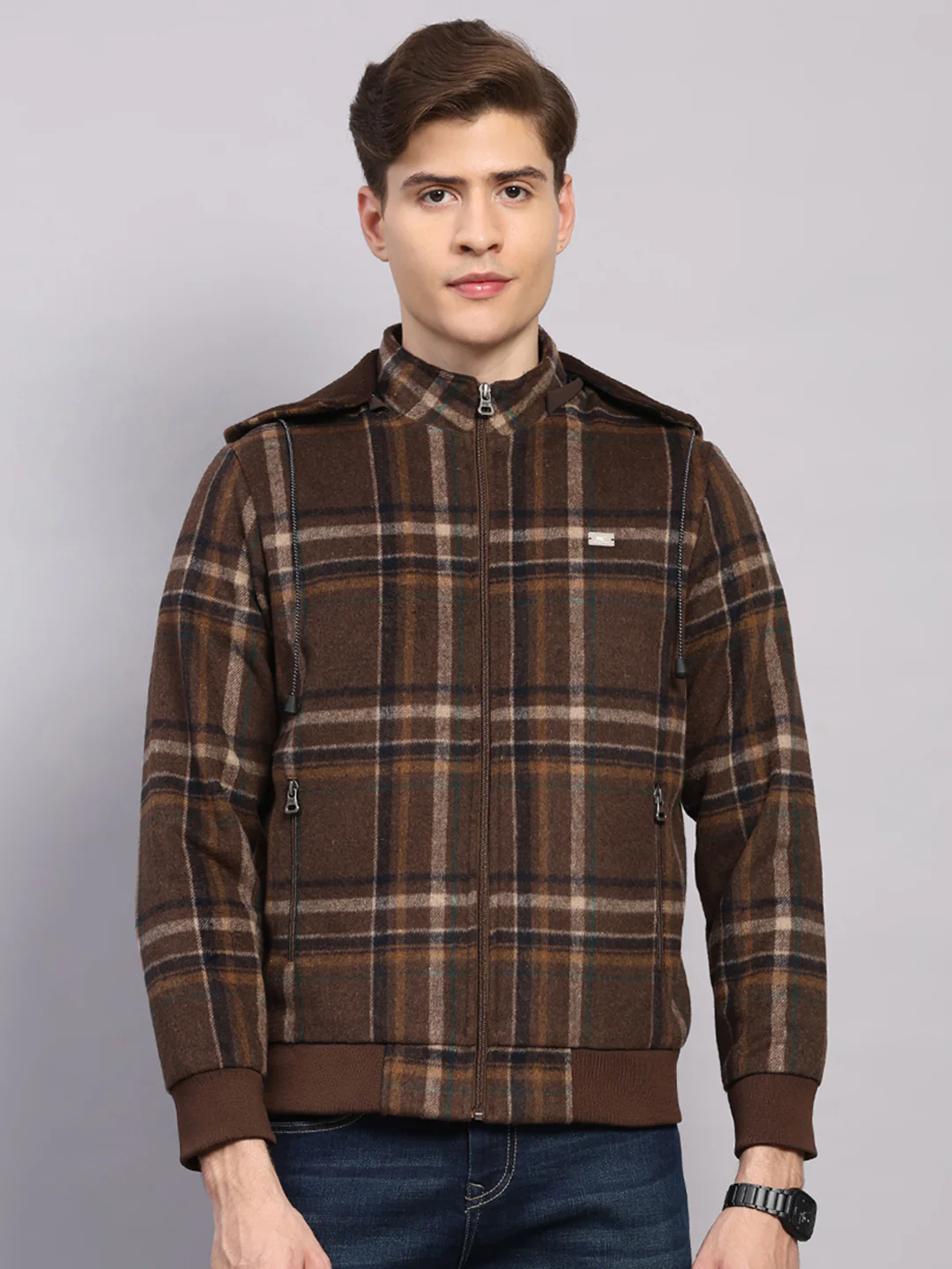 Men Brown Solid Hooded Full Sleeve Jacket