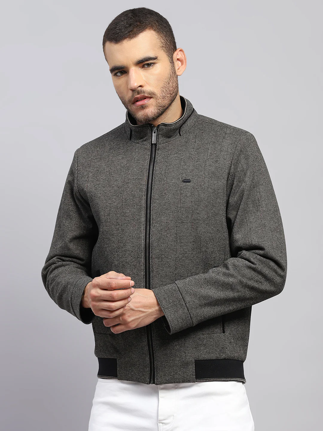 Men Brown Solid Stand Collar Full Sleeve Jacket