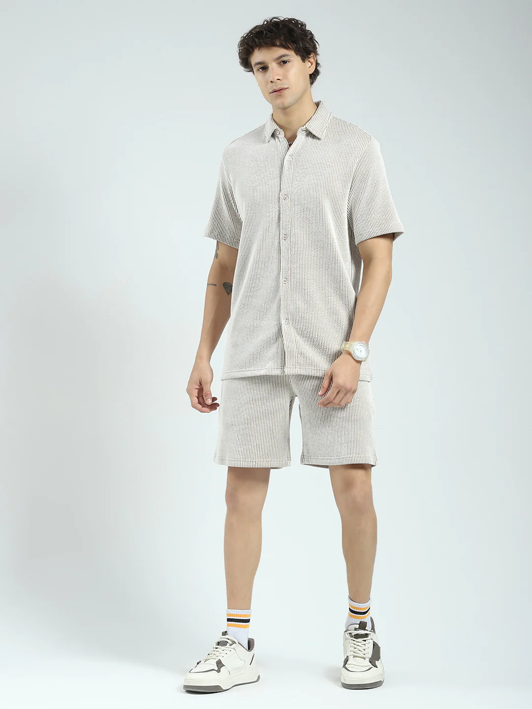 Rock.it Men Brown Stripe Collar Half Sleeve Cords Set