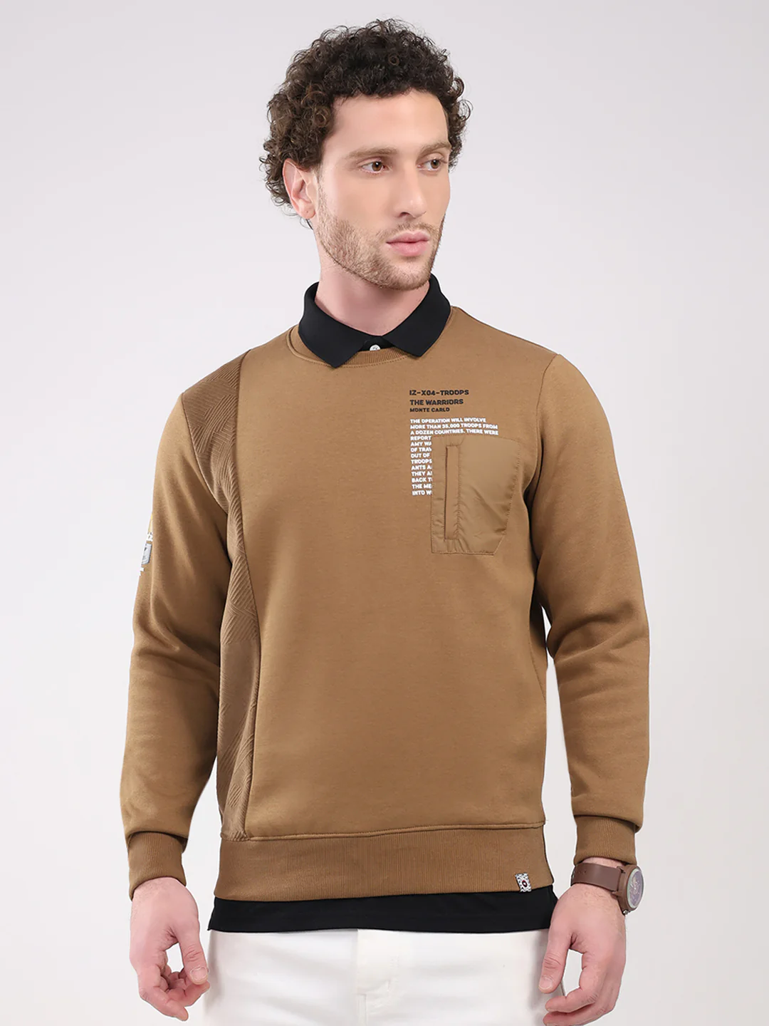 Men Camel Brown Printed Round Neck Full Sleeve Sweatshirt