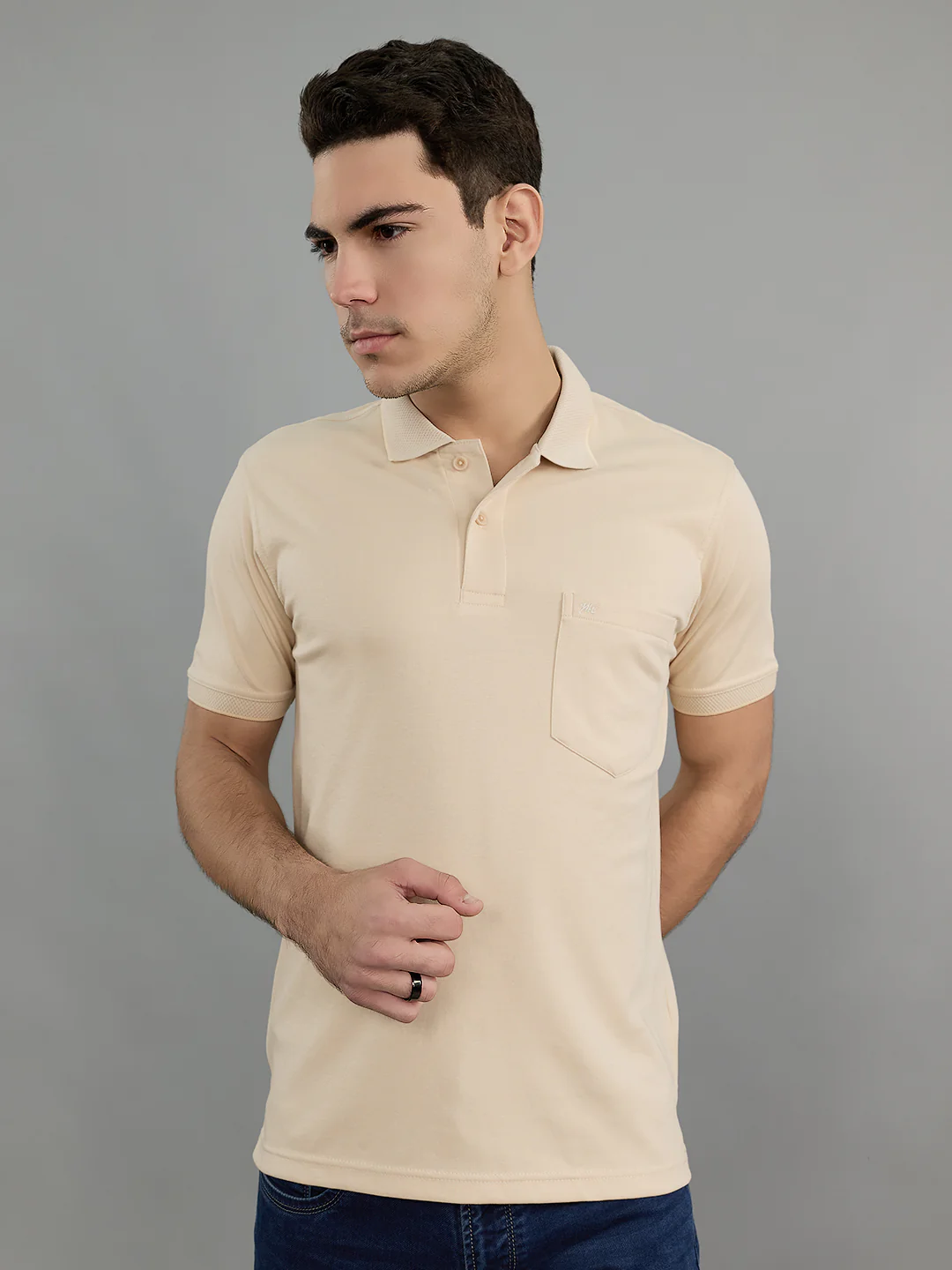 Men Camel Brown Solid Collar Half Sleeve T-Shirt