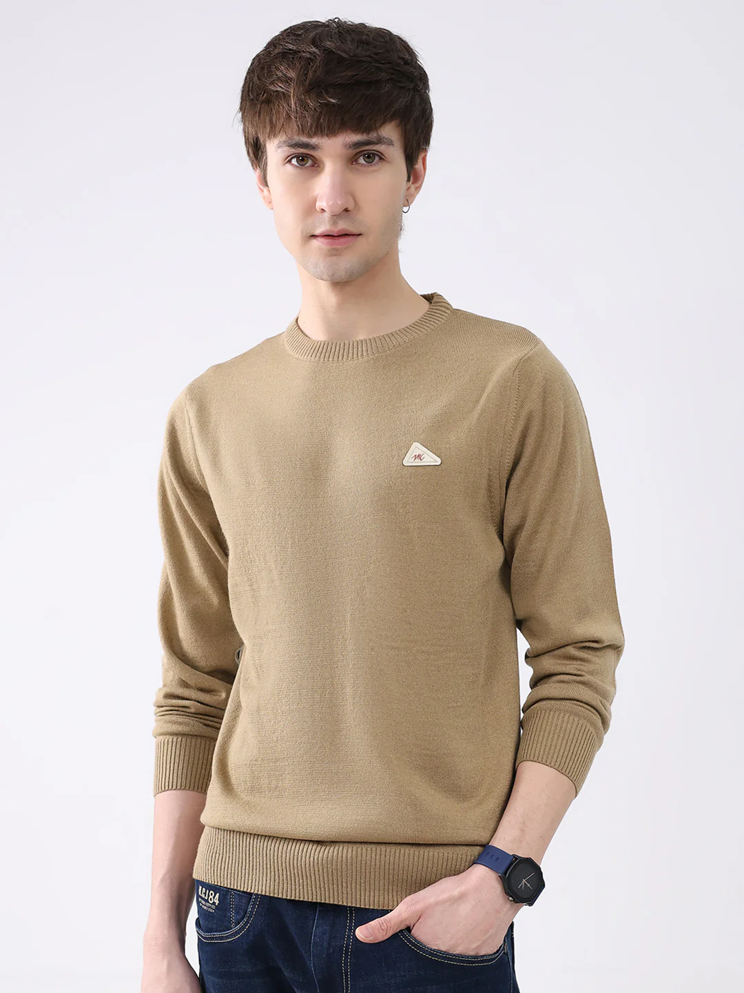 Men Camel Brown Solid Round Neck Full Sleeve Pullover