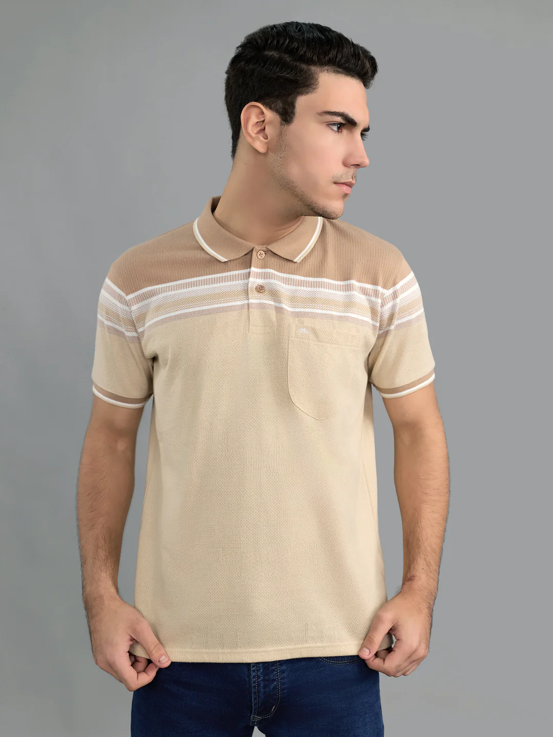 Men Camel Brown Stripe Collar Half Sleeve T-Shirt