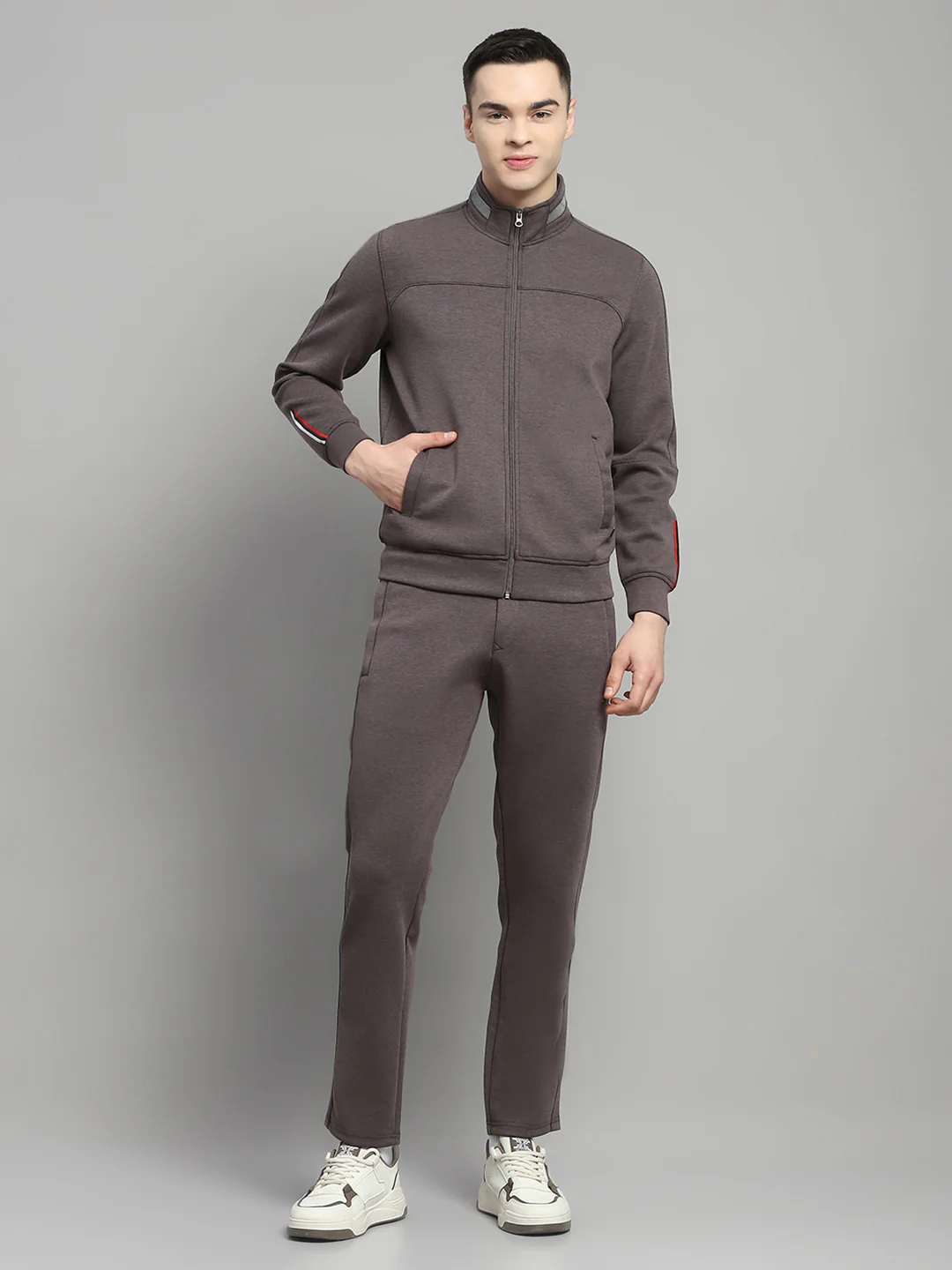 Men Charcoal Solid Mock Neck Full Sleeve Winter Tracksuit