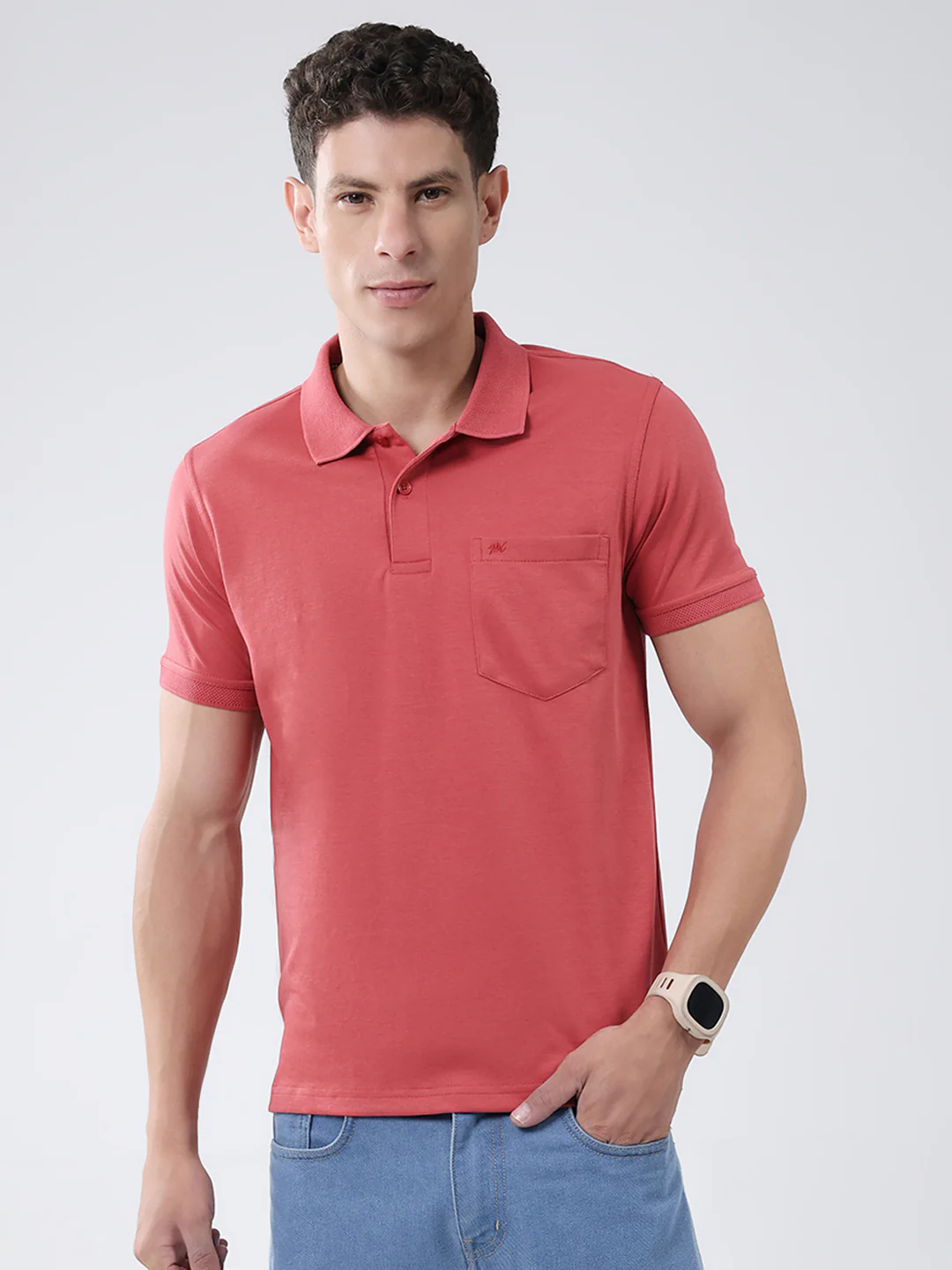Men Coral Solid Collar Half Sleeve T-Shirt