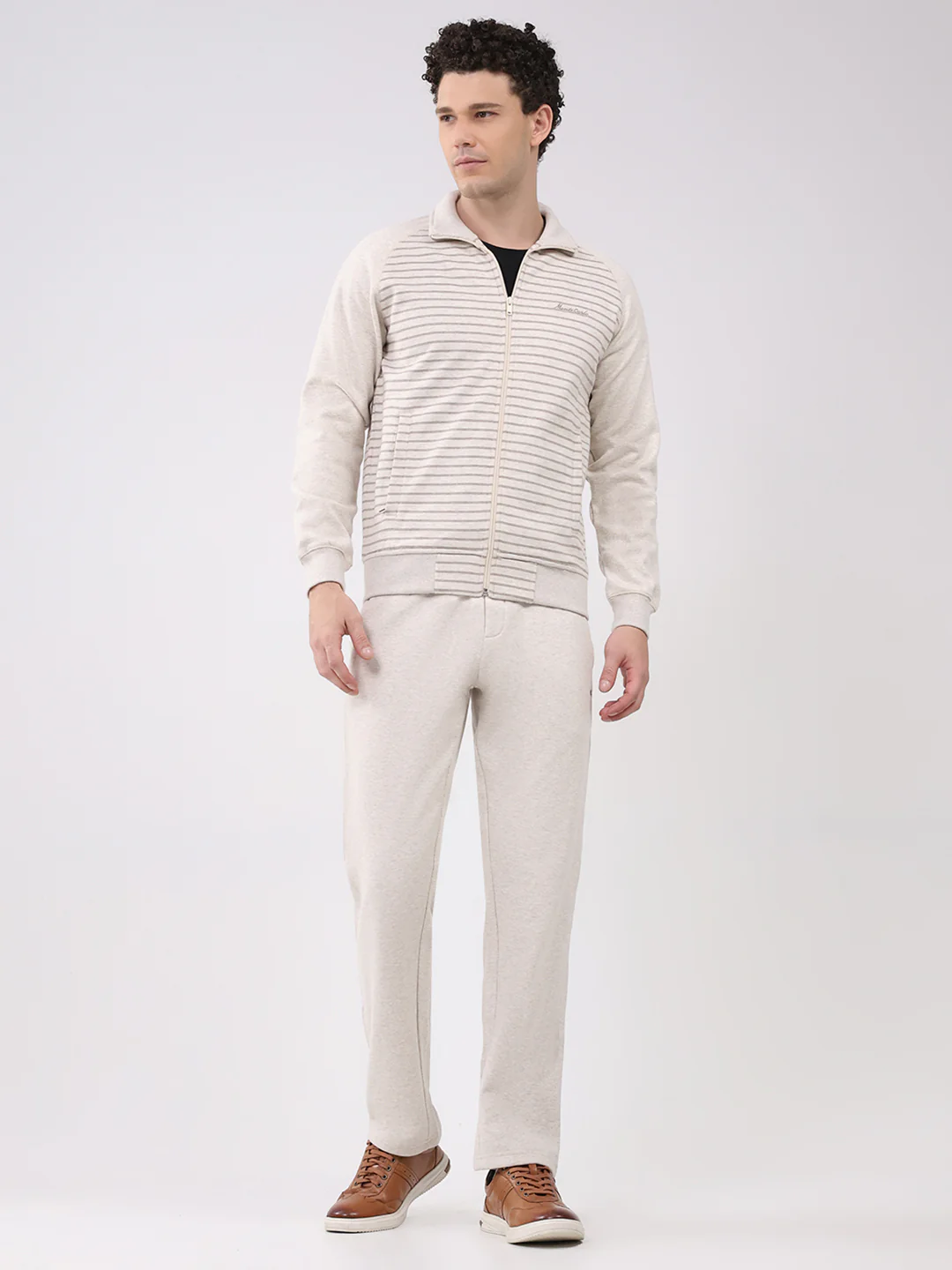 Men Cream Printed Round Neck Full Sleeve Winter Tracksuit