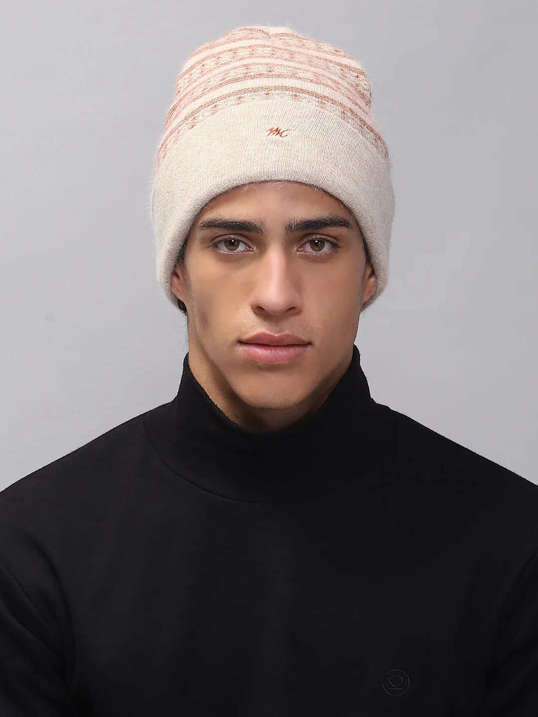 Men Cream Self Design Cap