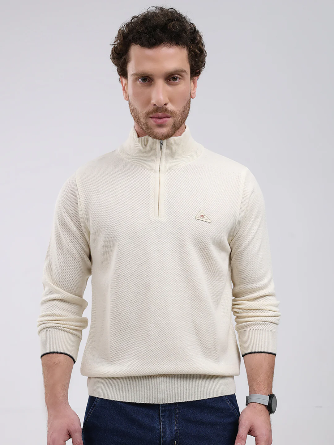 Men Cream Solid Mock Neck Full Sleeve Pullover