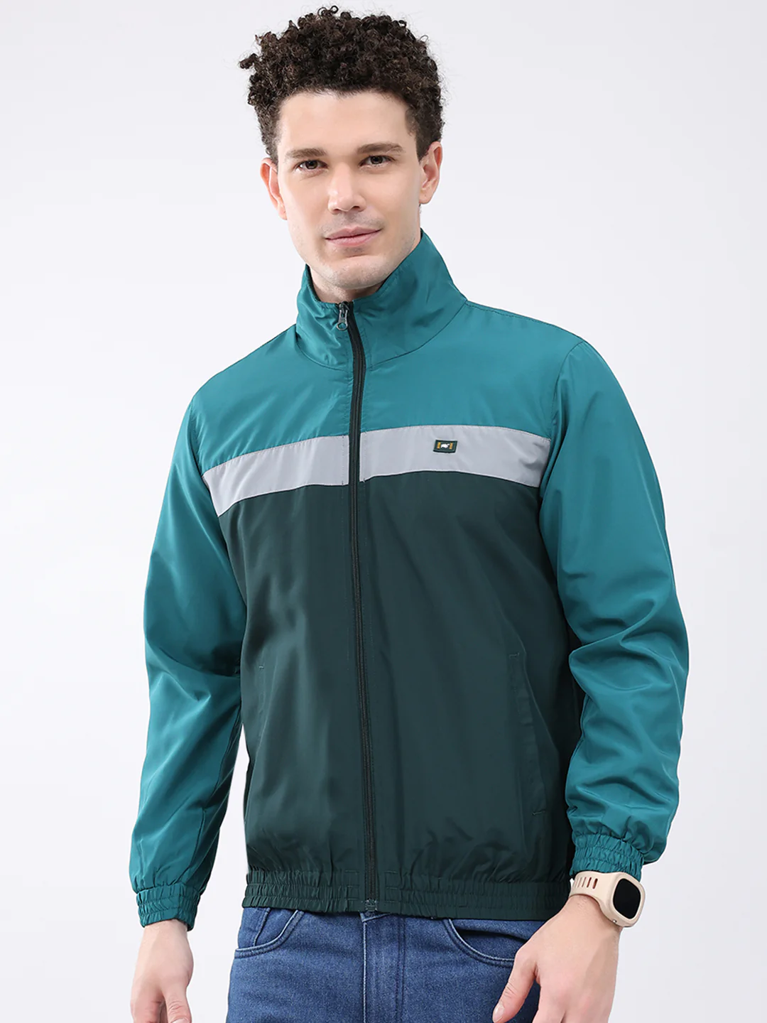 Men Dark Green Printed Collar Full Sleeve Jacket