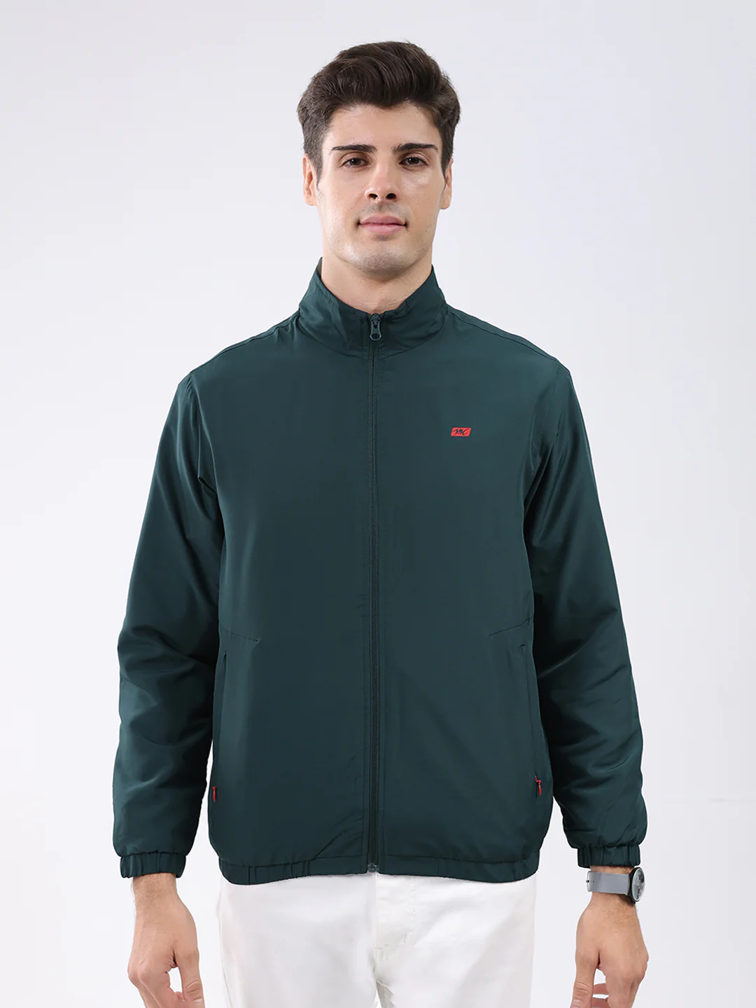 Men Dark Green Solid Stand Collar Full Sleeve Jacket