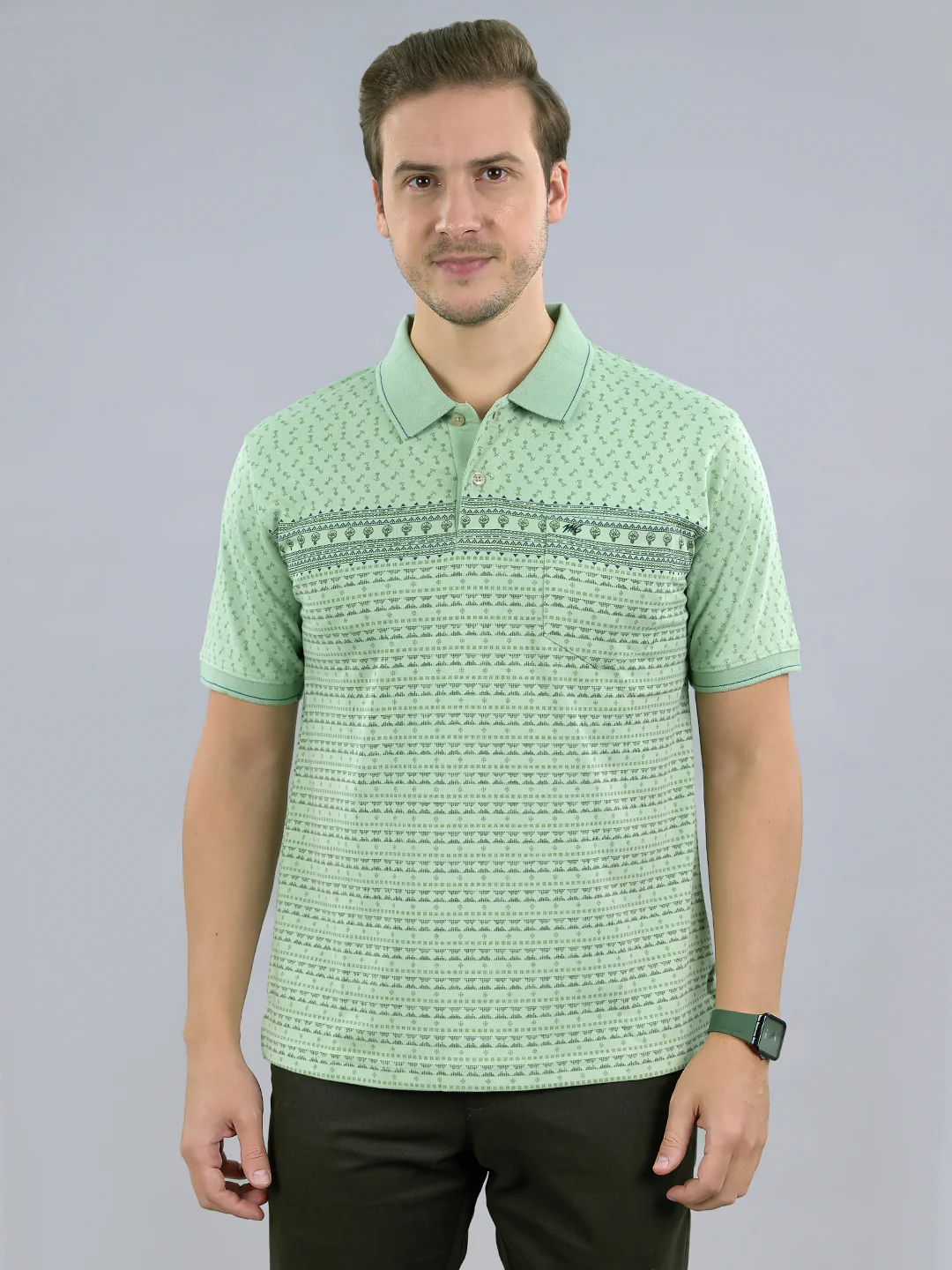 Men Green Printed Polo Collar Half Sleeve T-Shirt