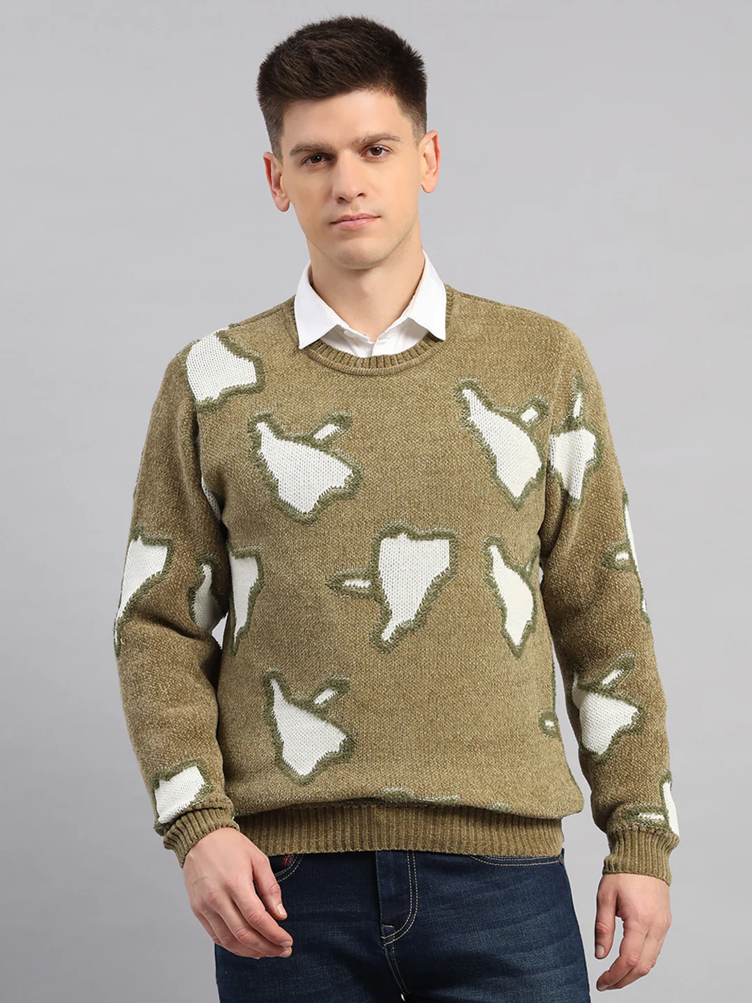 Men Green Printed Round Neck Full Sleeve Pullover