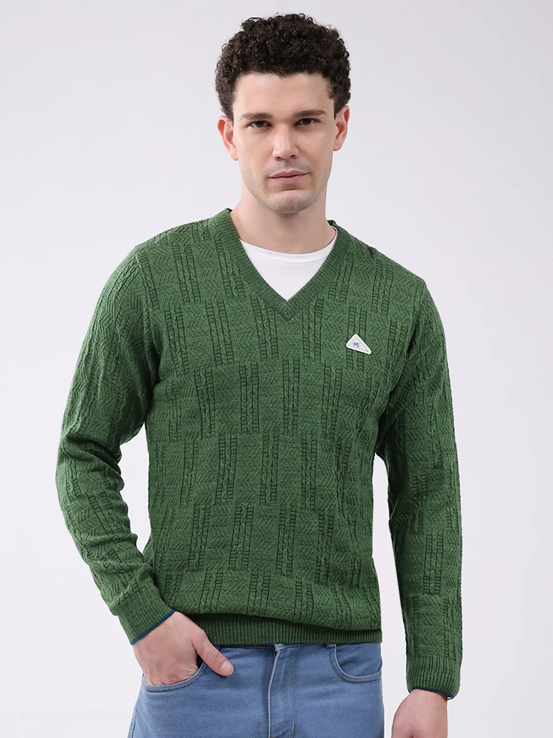 Men Green Self Design V Neck Full Sleeve Pullover