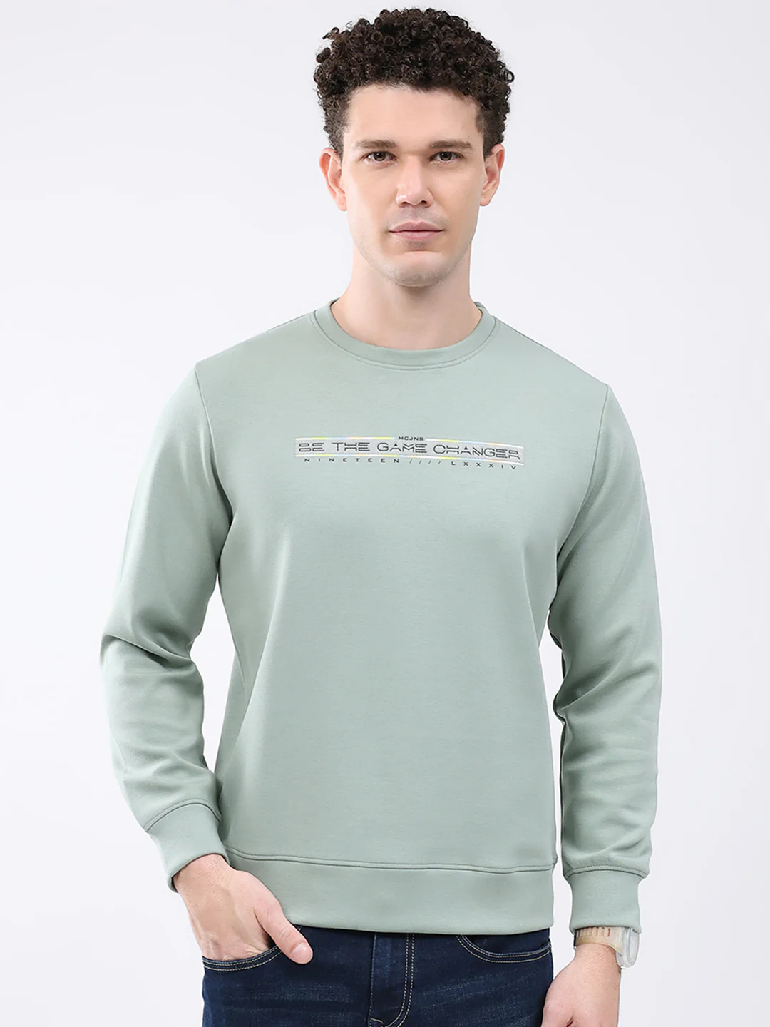 Men Green Solid Round Neck Full Sleeve Sweatshirt