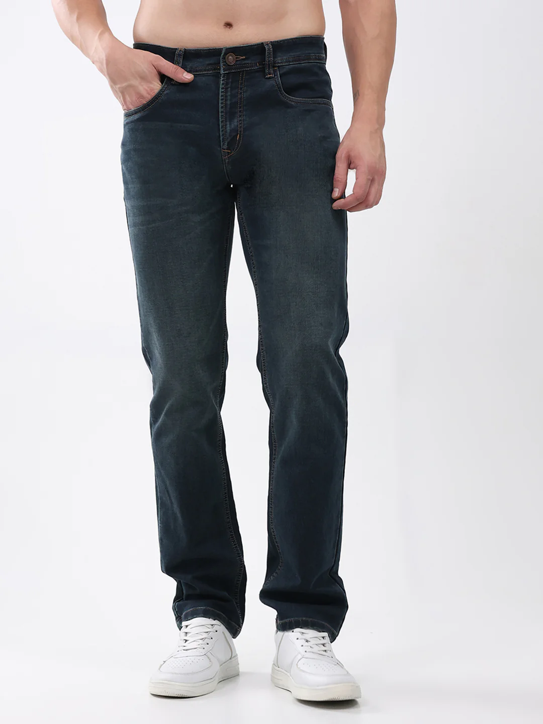 Men Green Solid Straight Fit Denim