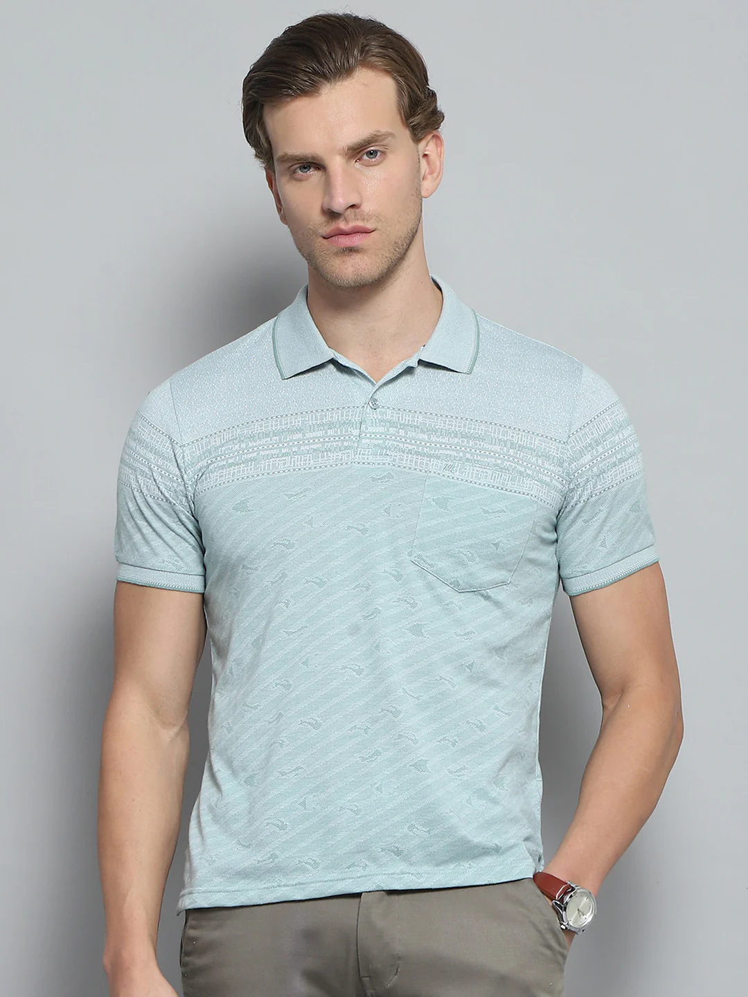 Men Green Stripe Collar Half Sleeve T-Shirt