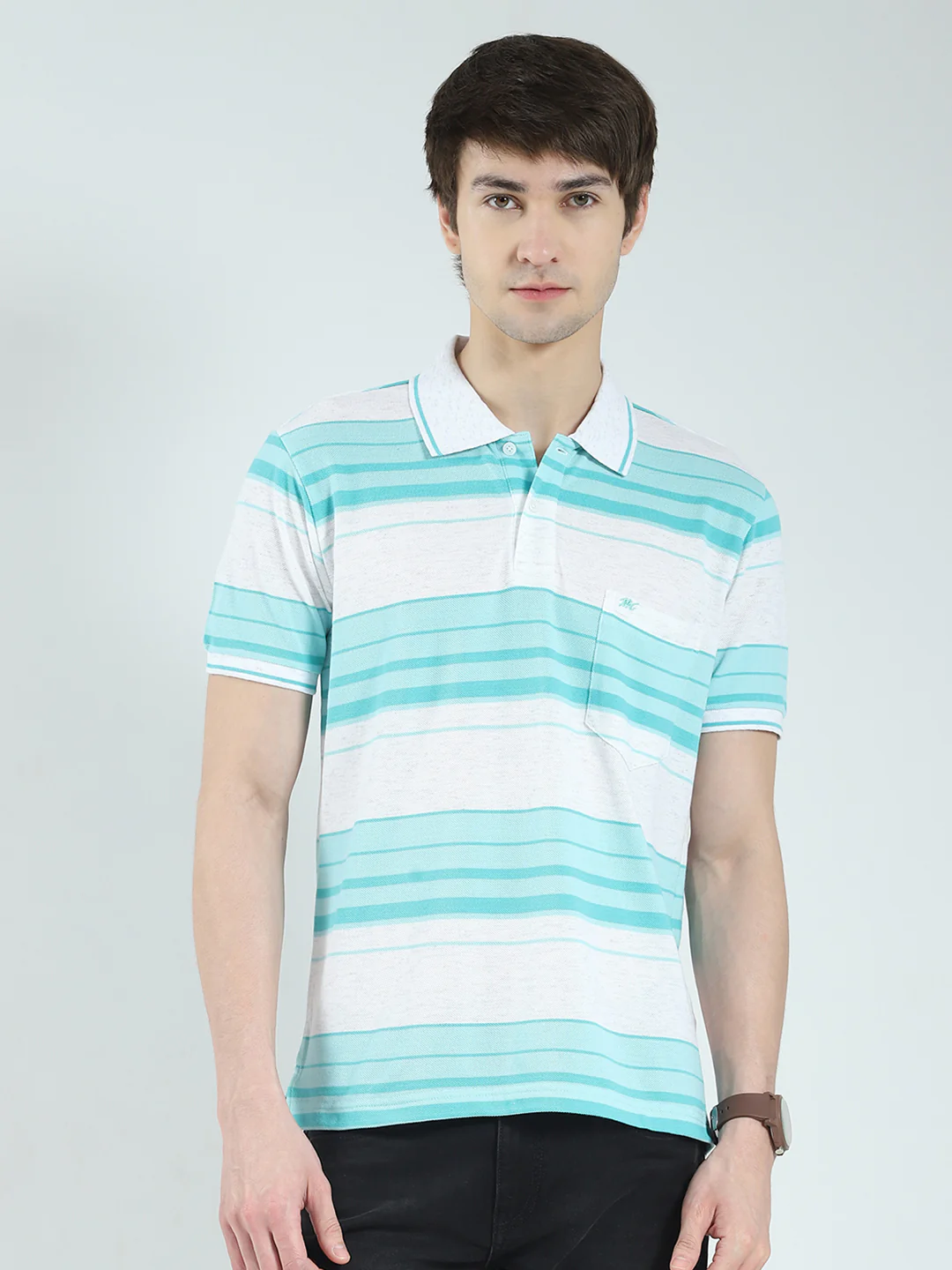 Men Green Stripe Collar Half Sleeve T-Shirt