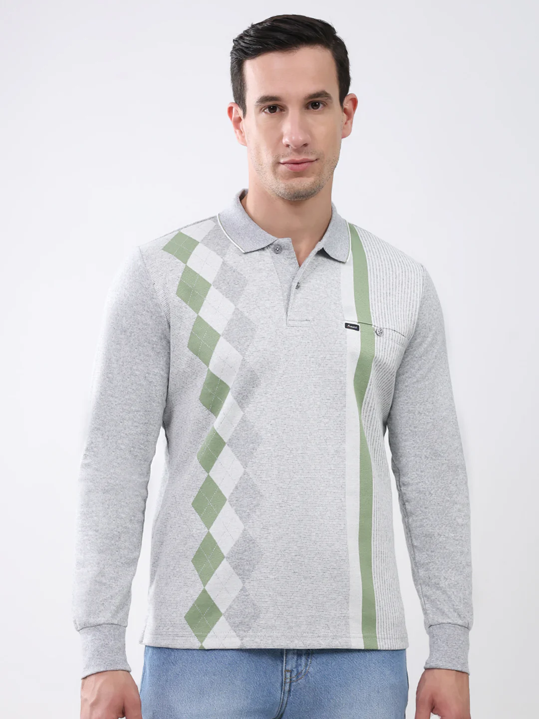 Men Grey Abstract Collar Full Sleeve Winter T-Shirt