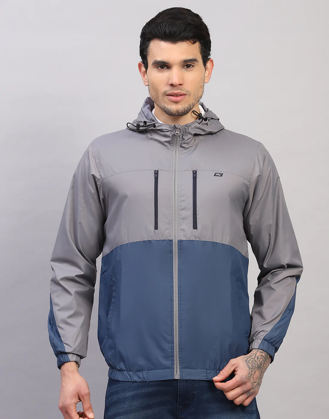 Men Grey Printed Collar Full Sleeve Jacket