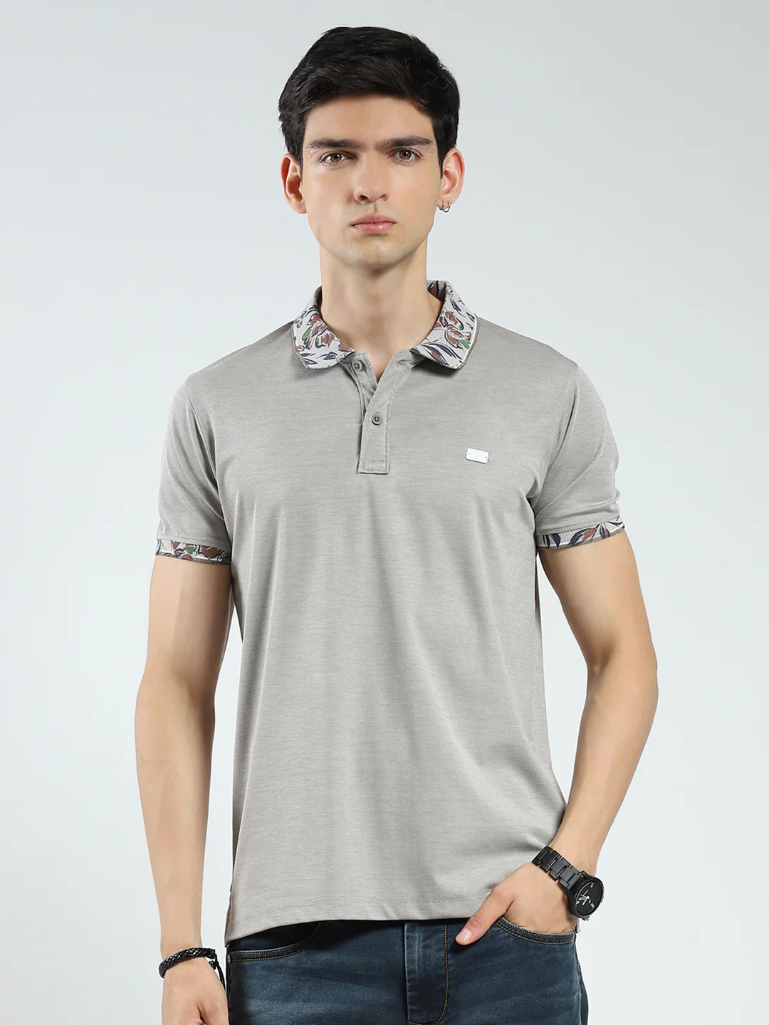 Men Grey Printed Collar Half Sleeve T-Shirt
