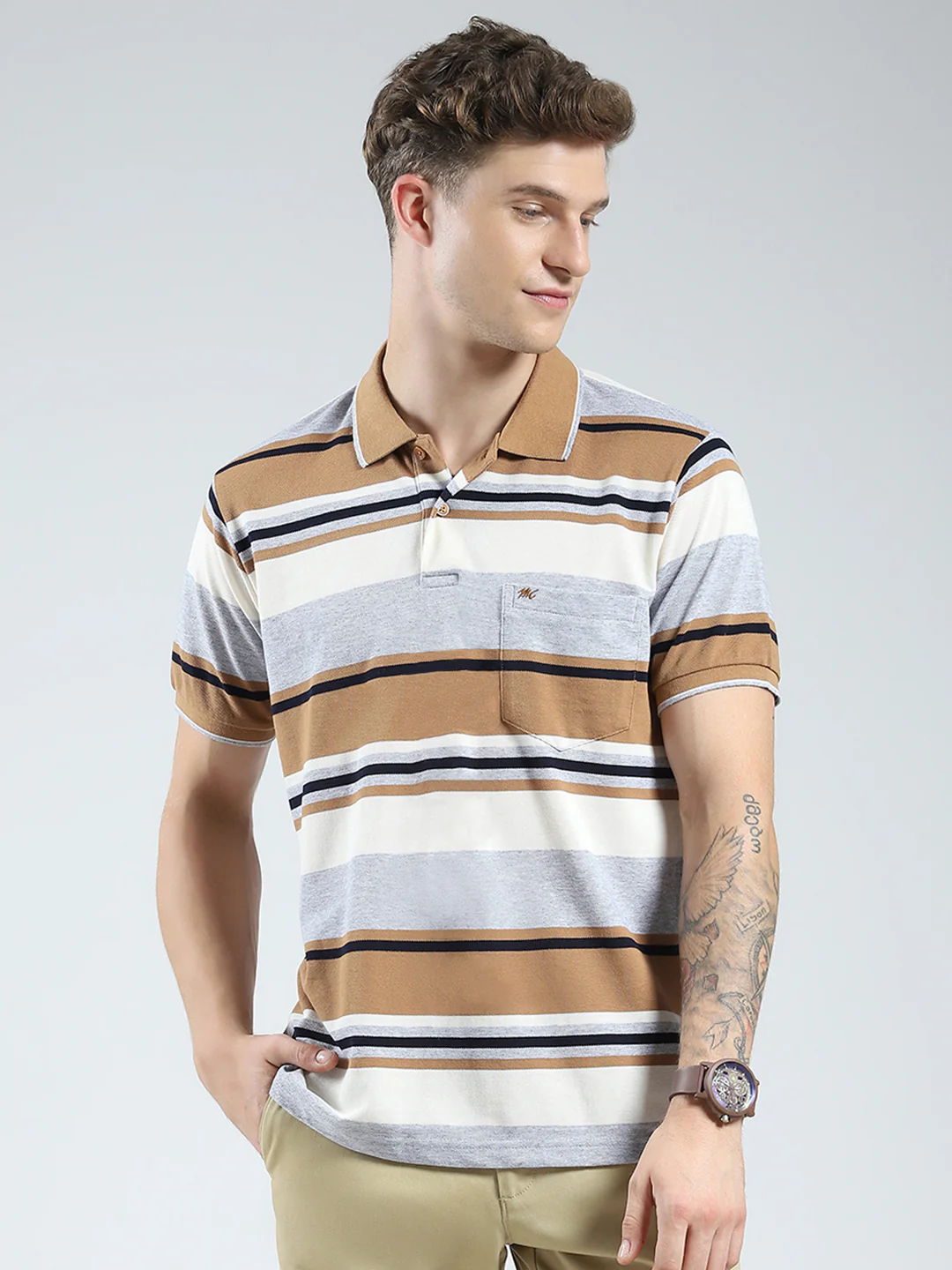 Men Grey Stripe Collar Half Sleeve T-Shirt