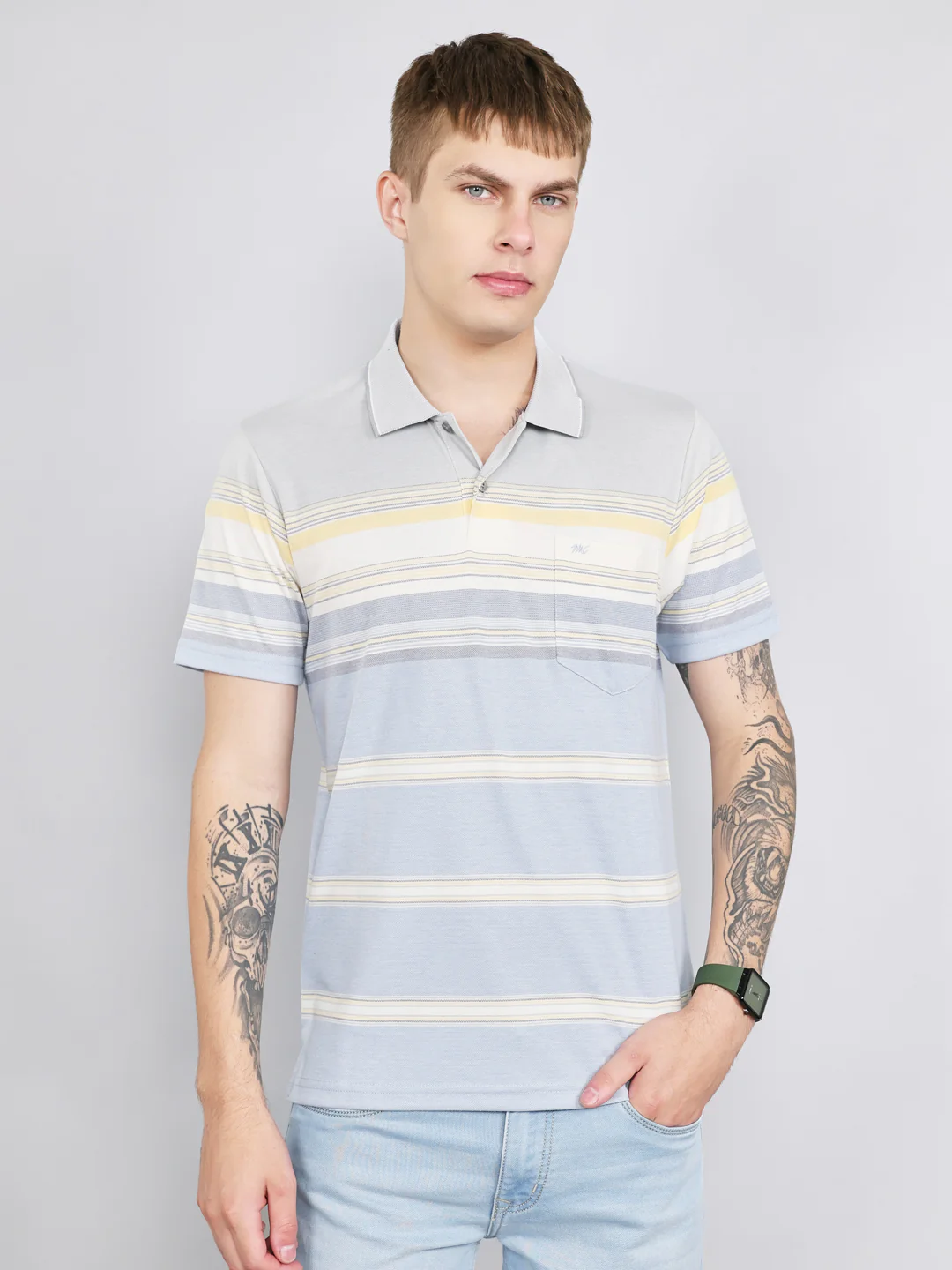 Men Grey Stripe Collar Half Sleeve T-Shirt