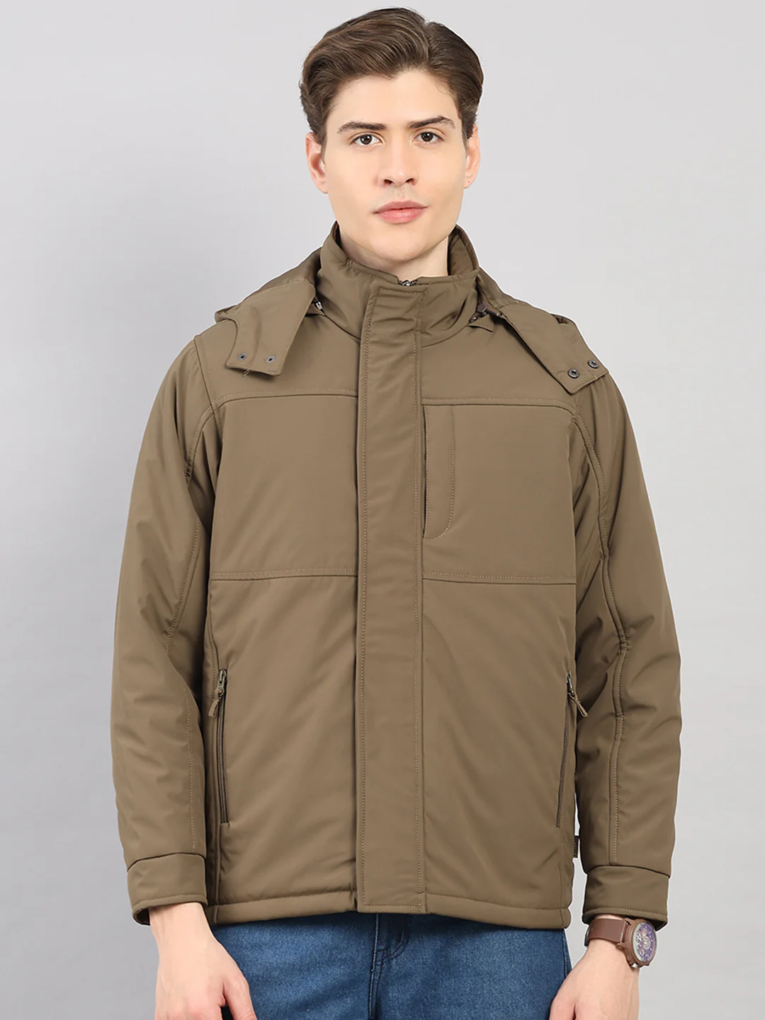 Men Khaki Solid 4 in 1 Convertible Hooded Jacket Wear It 4 Ways
